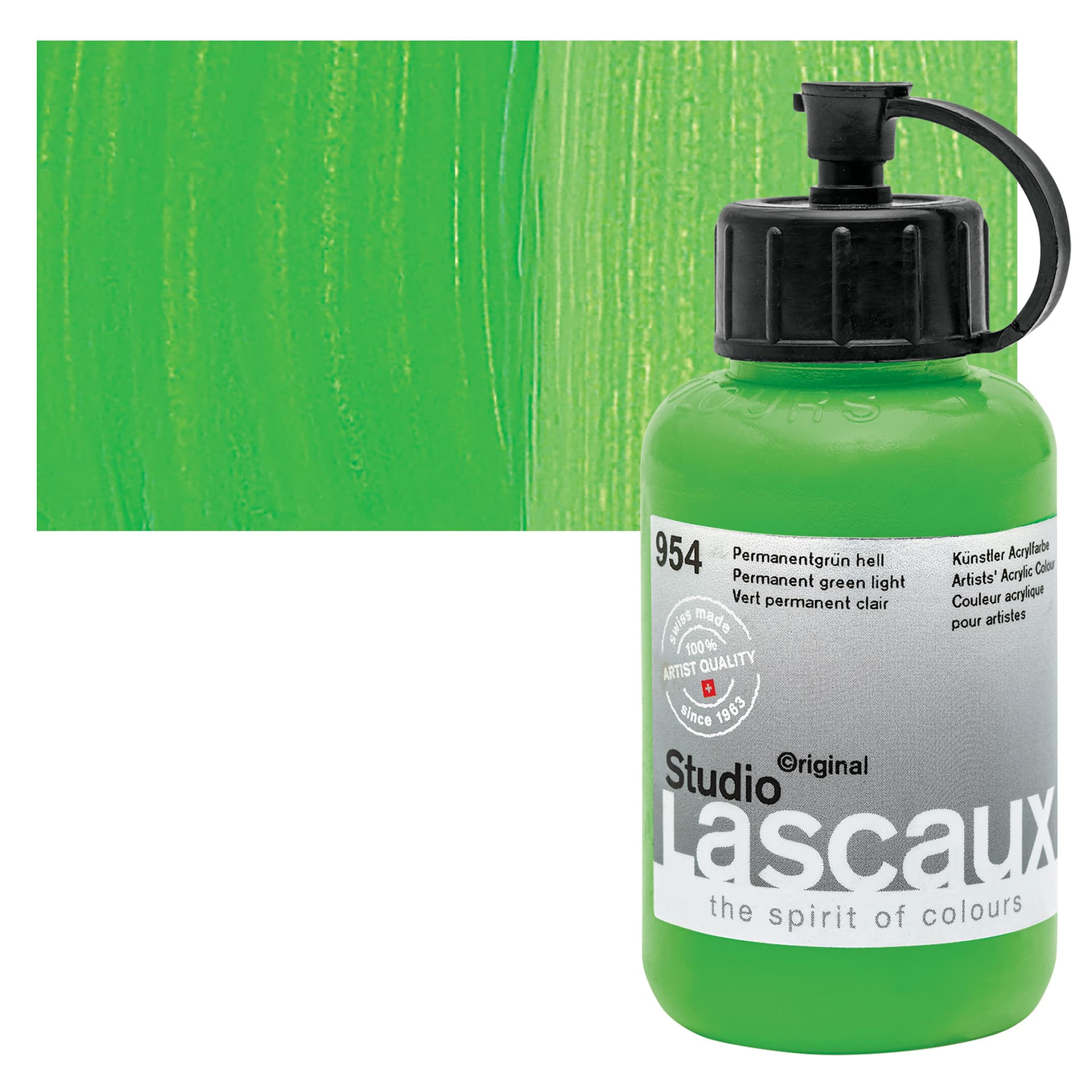 Lascaux Studio Acrylic - Permanent Green Light, 85 ml bottle and swatch