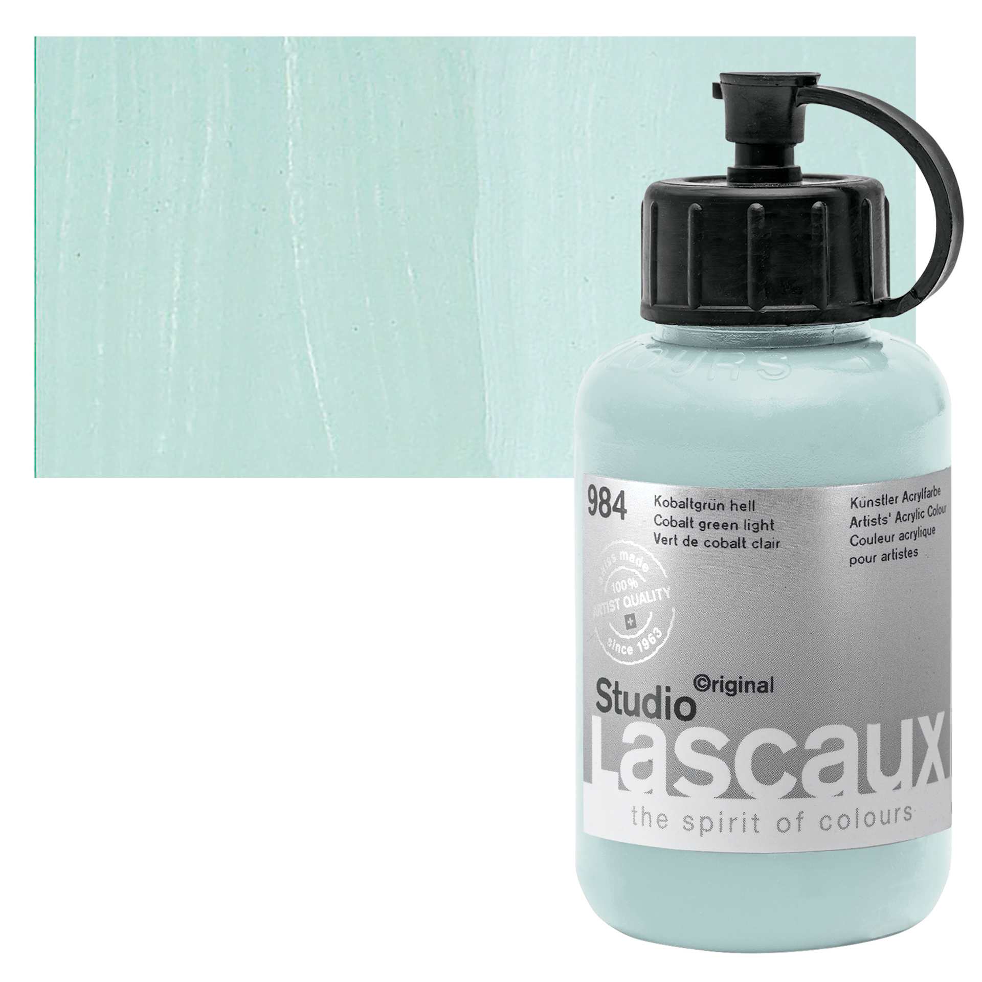 Lascaux Studio Acrylic - Cobalt Green Light, 85 ml bottle and swatch