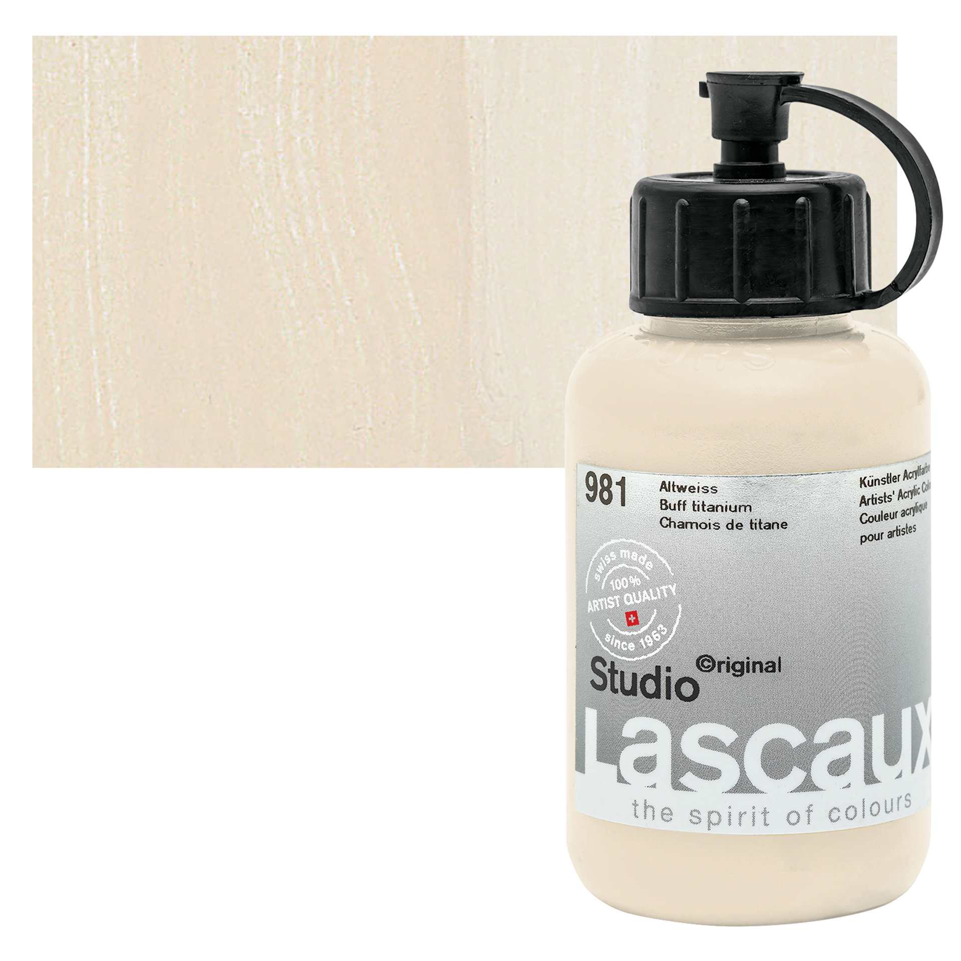 Lascaux Studio Acrylic - Buff Titanium, 85 ml bottle and swatch