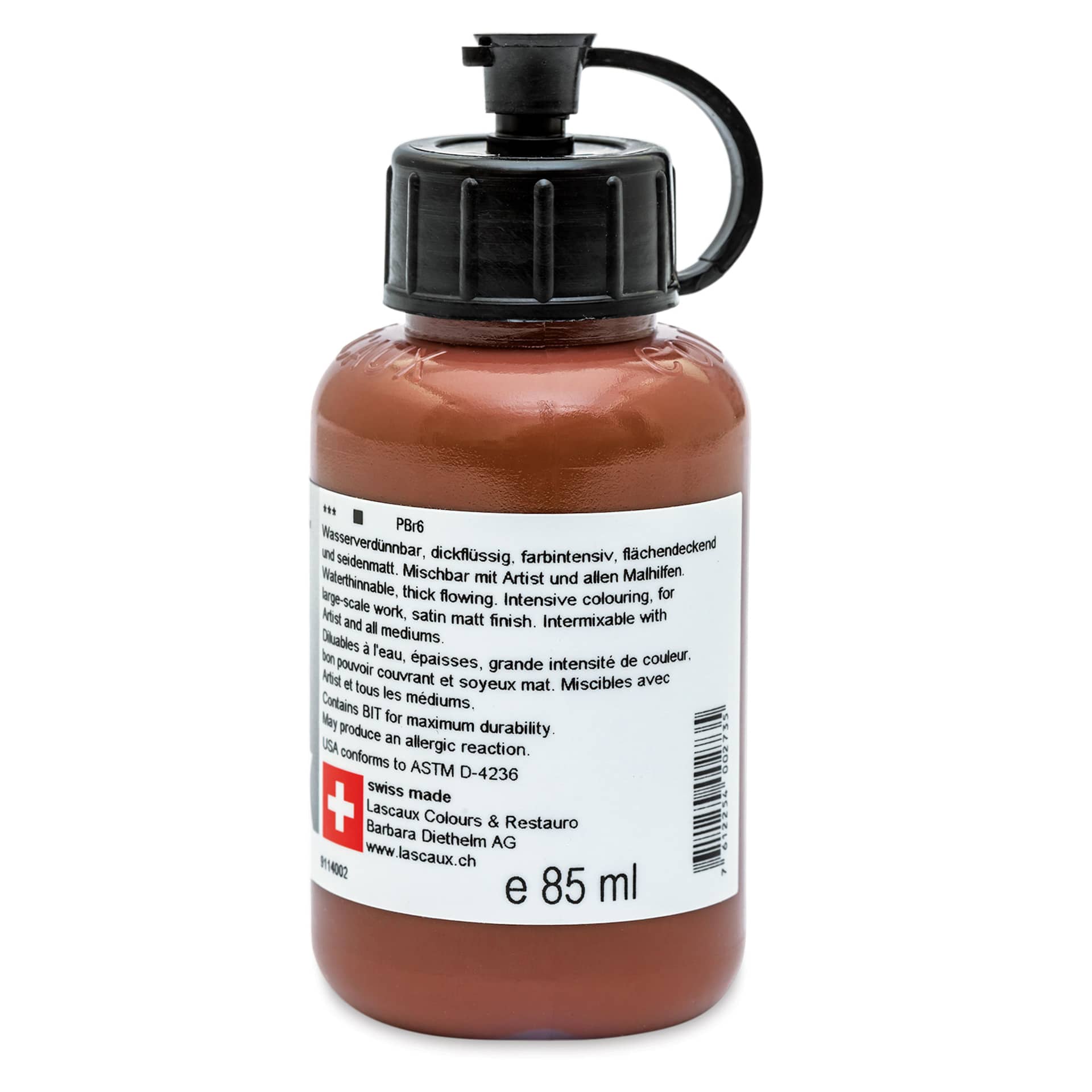 Lascaux Studio Acrylics - Oxide Brown Deep, 85 ml bottle back