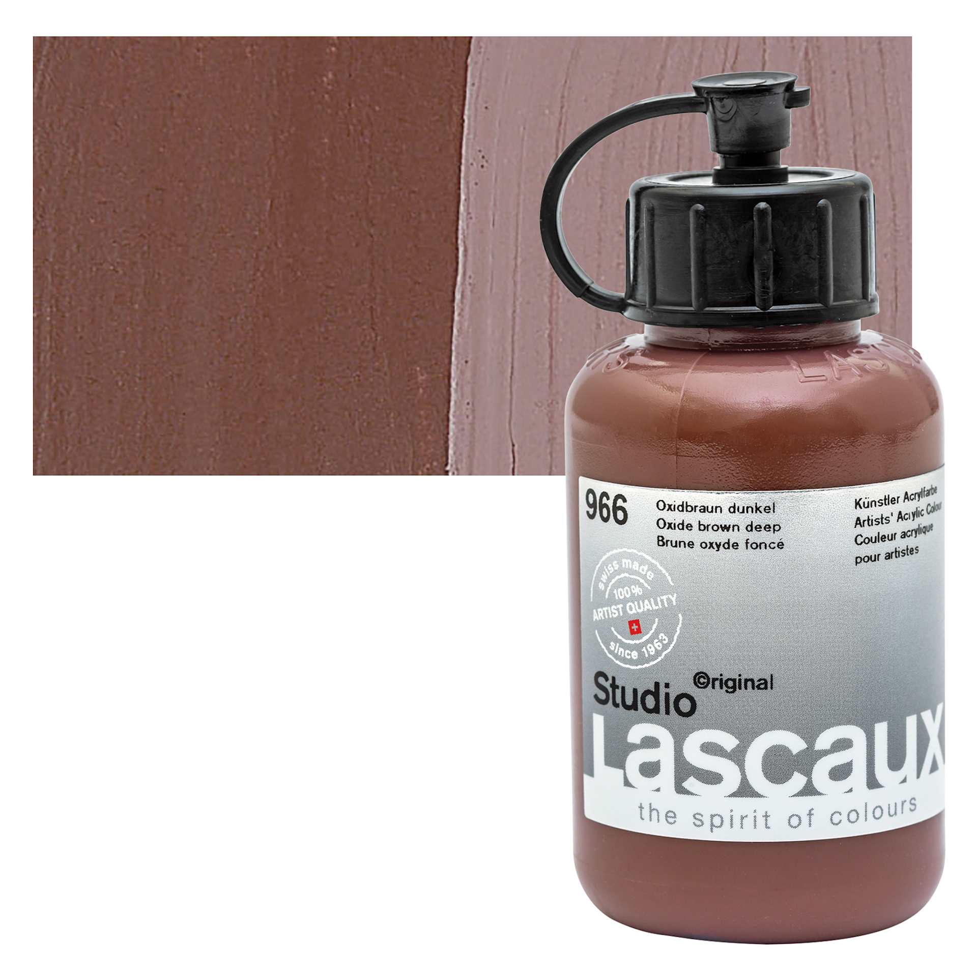 Lascaux Studio Acrylic - Oxide Brown Deep, 85 ml bottle and swatch