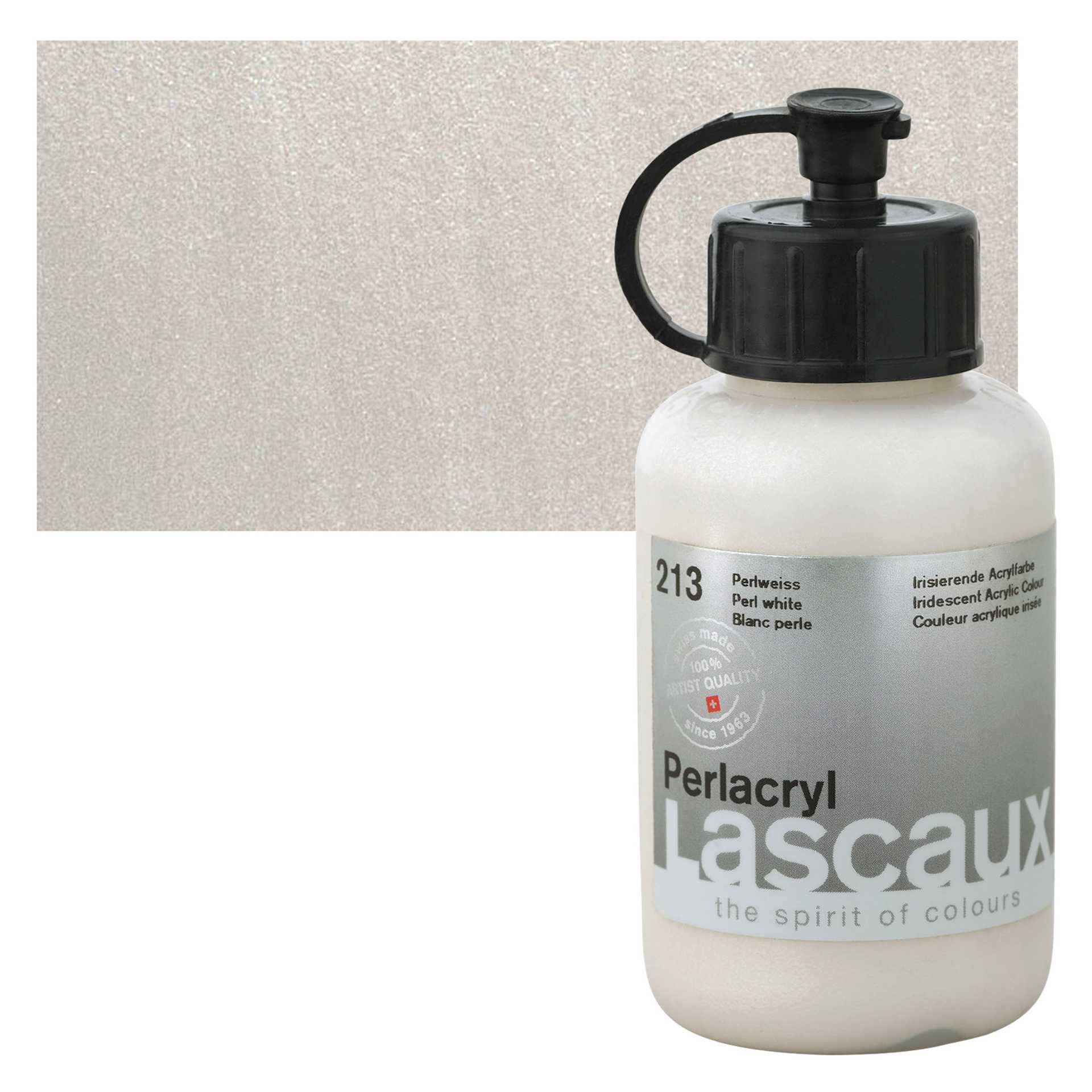 Lascaux Perlacryl Iridescent Acrylic - Pearl White, 85 ml bottle and swatch