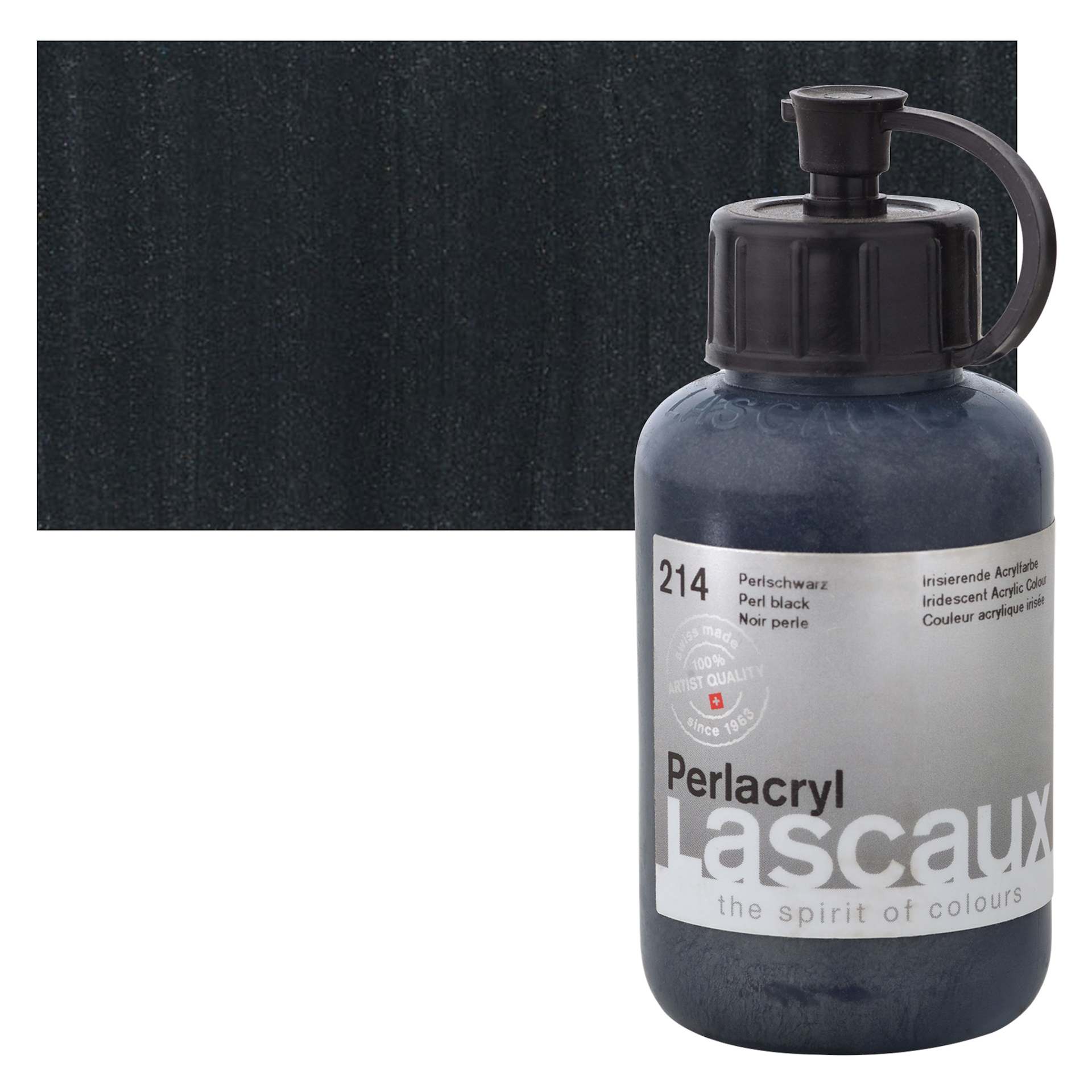 Lascaux Perlacryl Iridescent Acrylic - Pearl Black, 85 ml bottle and swatch