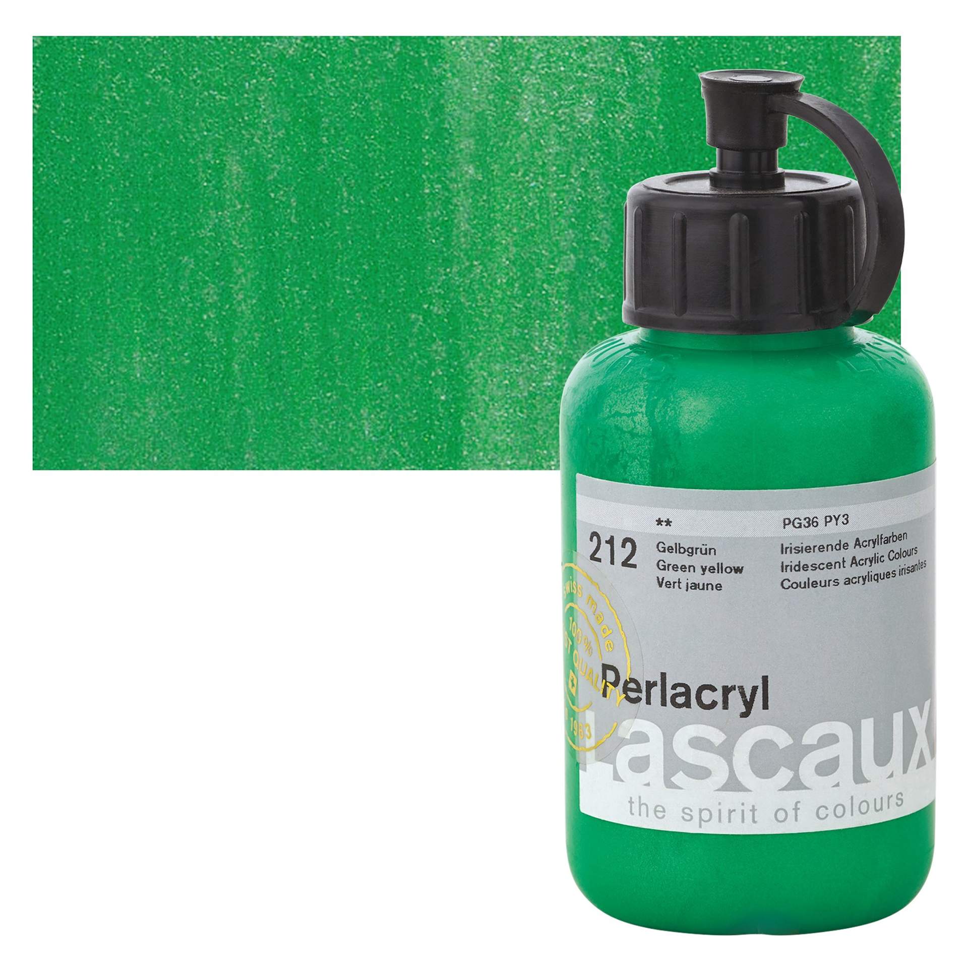 Lascaux Perlacryl Iridescent Acrylic - Green Yellow, 85 ml bottle and swatch