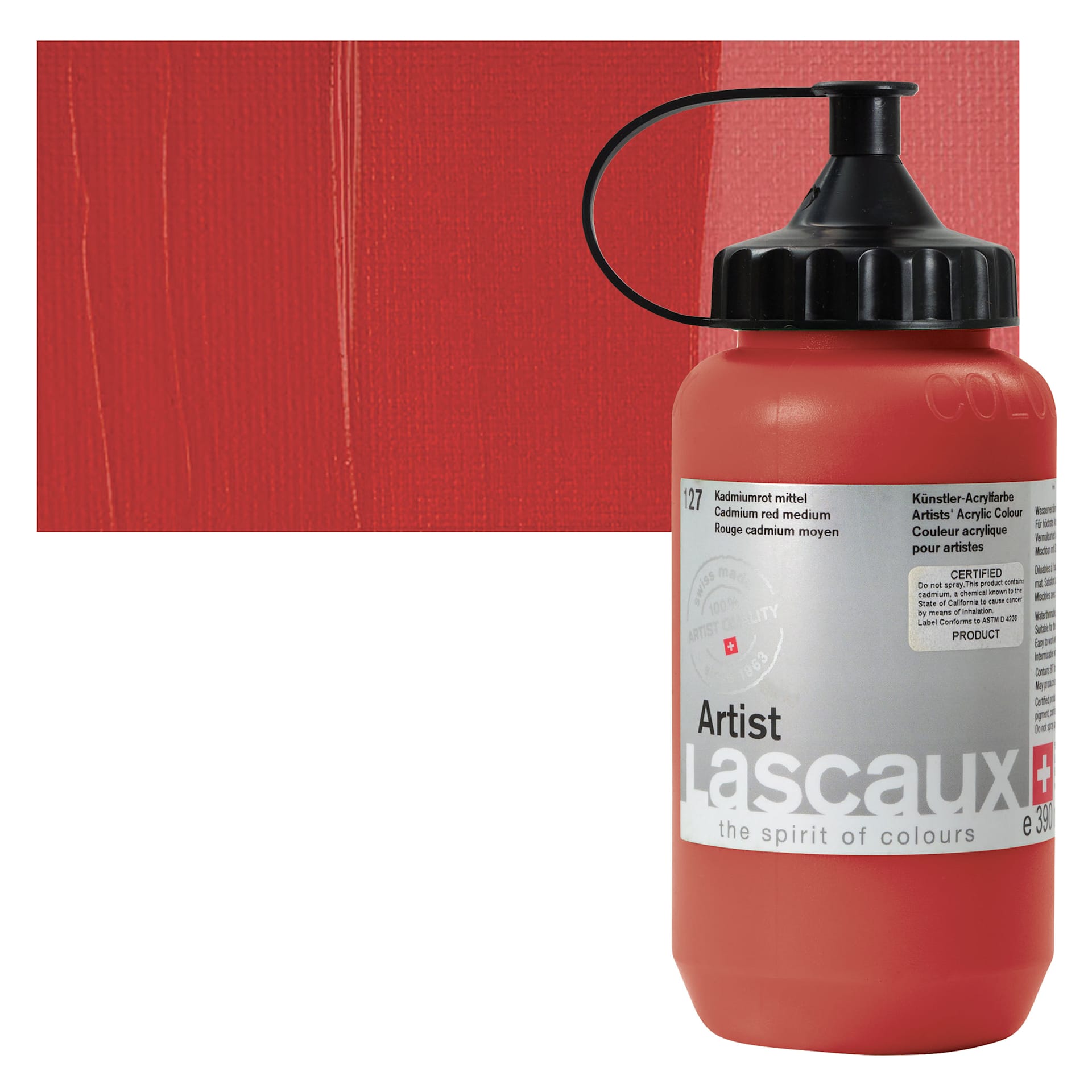 Lascaux Artist Acrylic - Cadmium Red Medium, 390 ml Tube and swatch