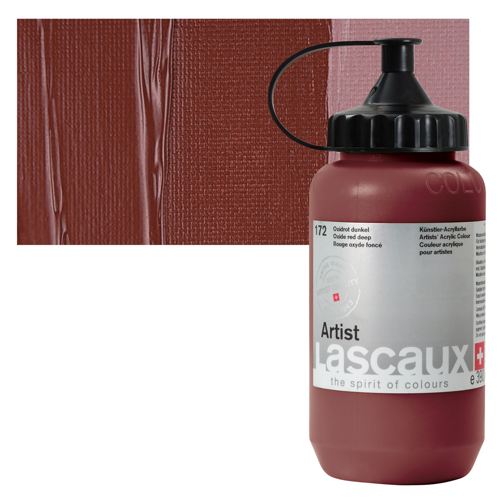 Lascaux Artist Acrylic - Oxide Red Deep, 390 ml Tube and swatch