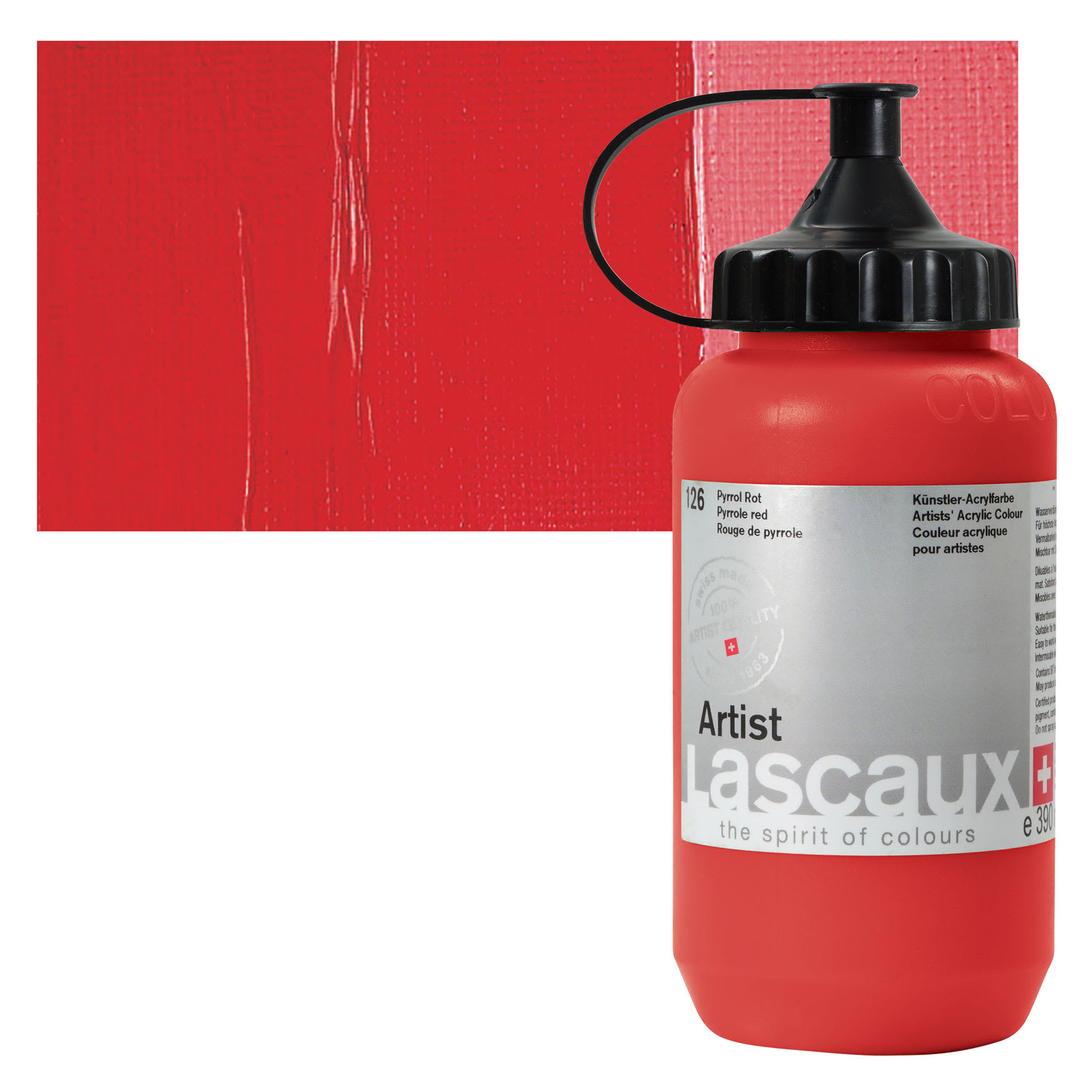 Lascaux Artist Acrylic - Pyrrole Red, 390 ml Tube and swatch