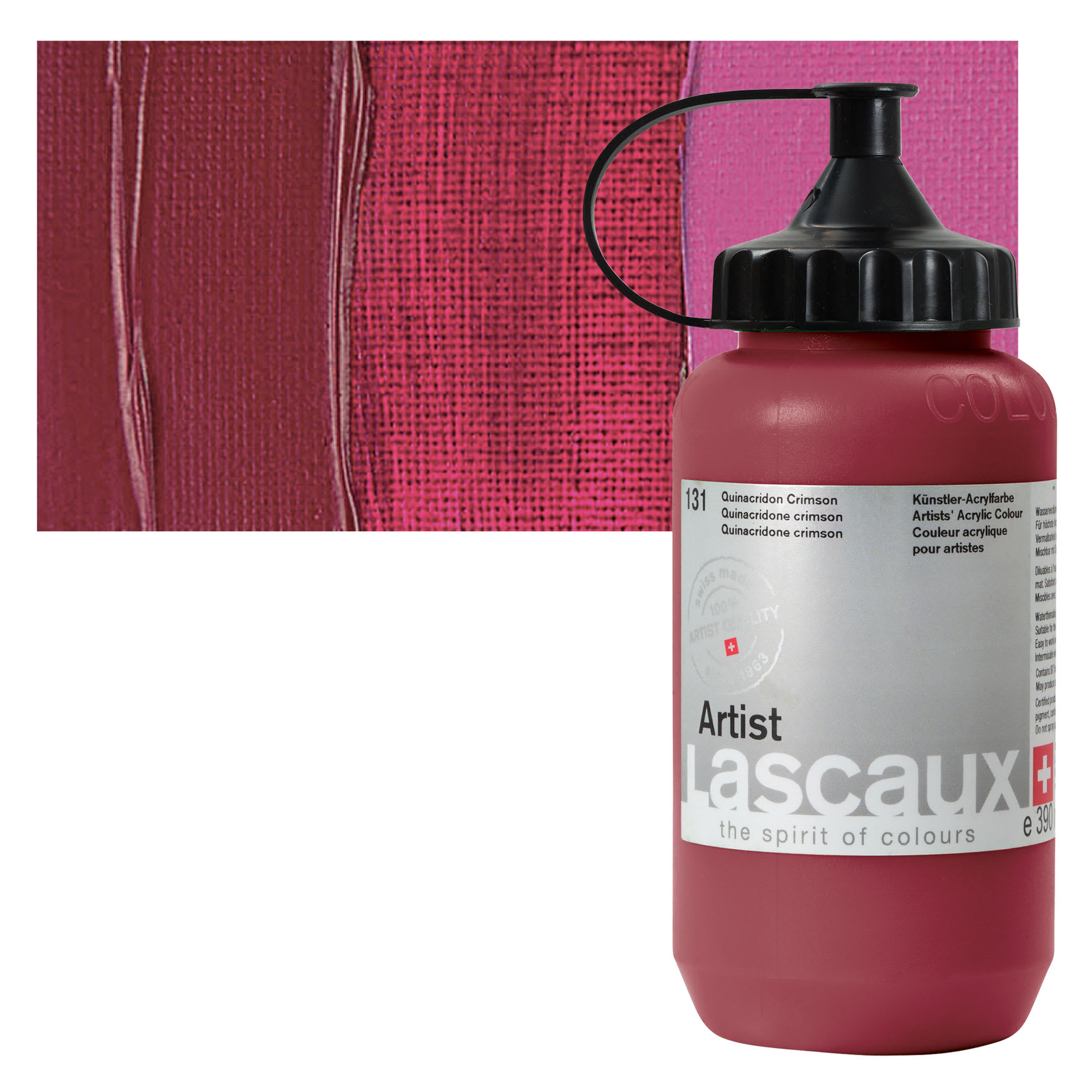 Lascaux Artist Acrylic - Quinacridone Crimson, 390 ml Bottle and swatch