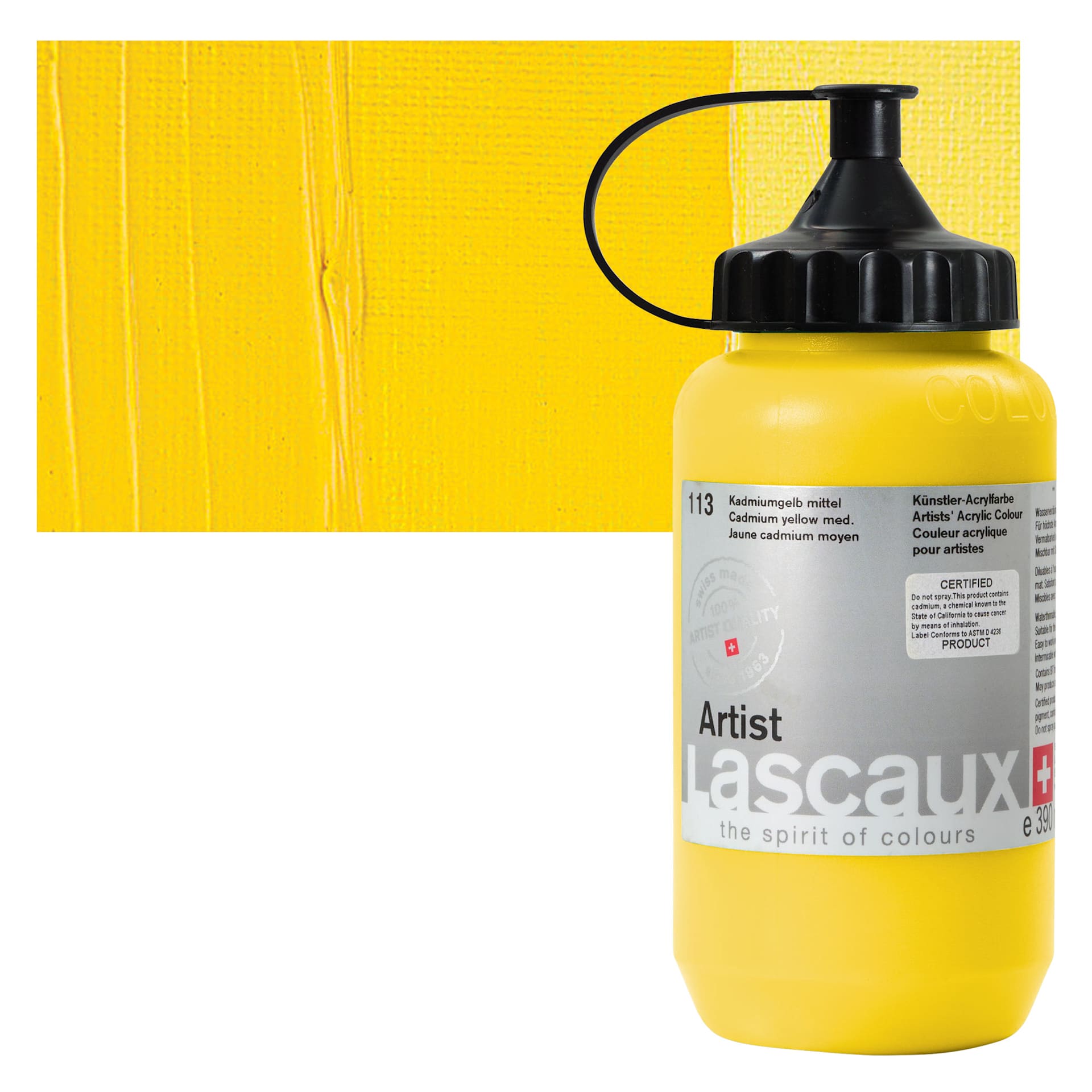 Lascaux Artist Acrylic - Cadmium Yellow Medium, 390 ml Tube and swatch