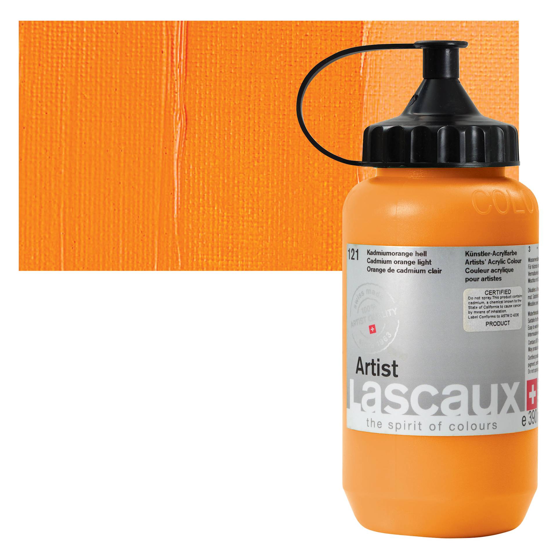 Lascaux Artist Acrylic - Cadmium Orange Light, 390 ml Bottle and swatch