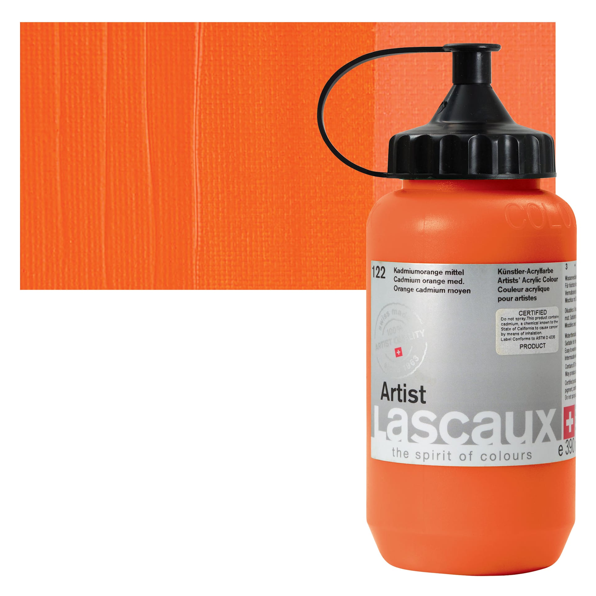 Lascaux Artist Acrylic - Cadmium Orange Medium, 390 ml Tube and swatch