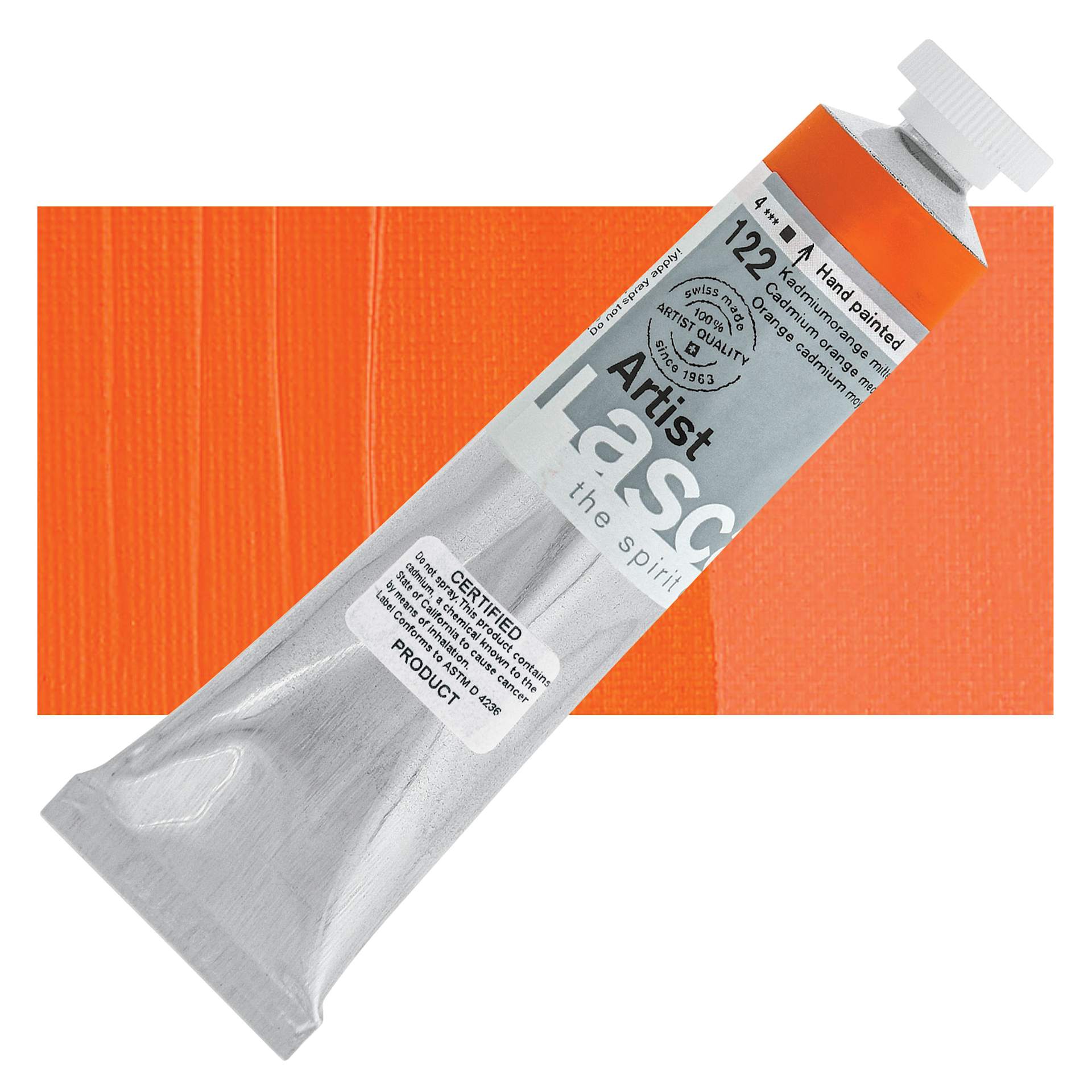 Lascaux Artist Acrylic - Cadmium Orange Medium, 45 ml tube and swatch