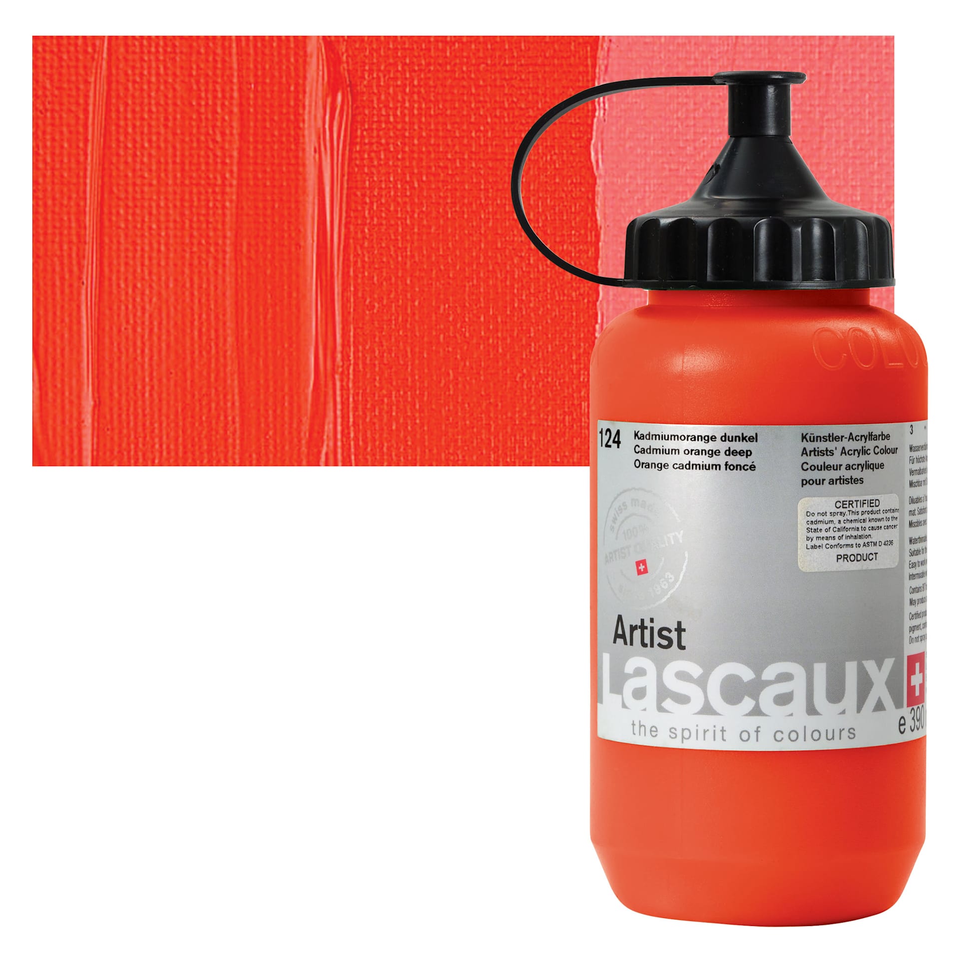 Lascaux Artist Acrylic - Cadmium Orange Deep, 390 ml Bottle and swatch