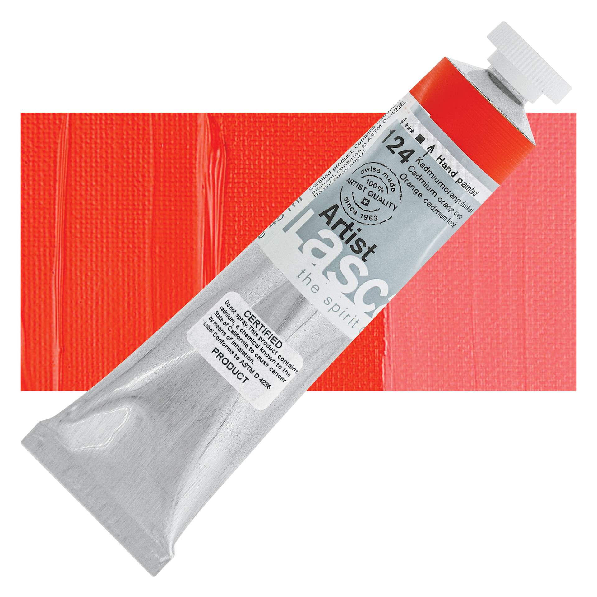 Lascaux Artist Acrylic - Cadmium Orange Deep, 45 ml tube and swatch