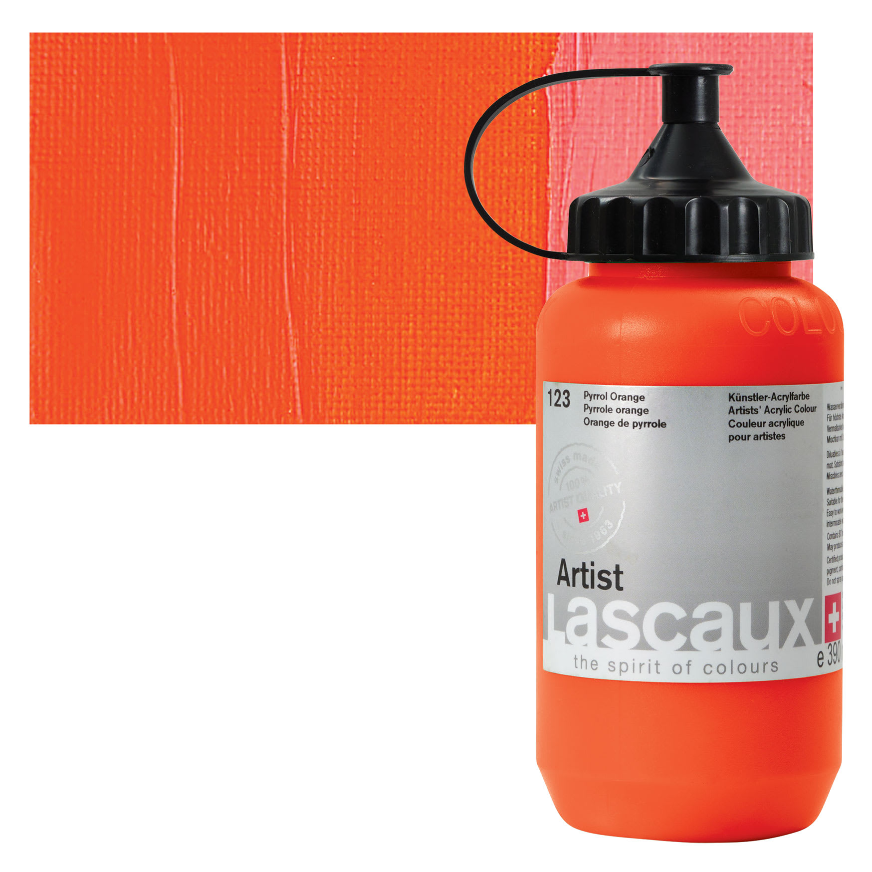 Lascaux Artist Acrylic - Pyrrole Orange, 390 ml Bottle and swatch