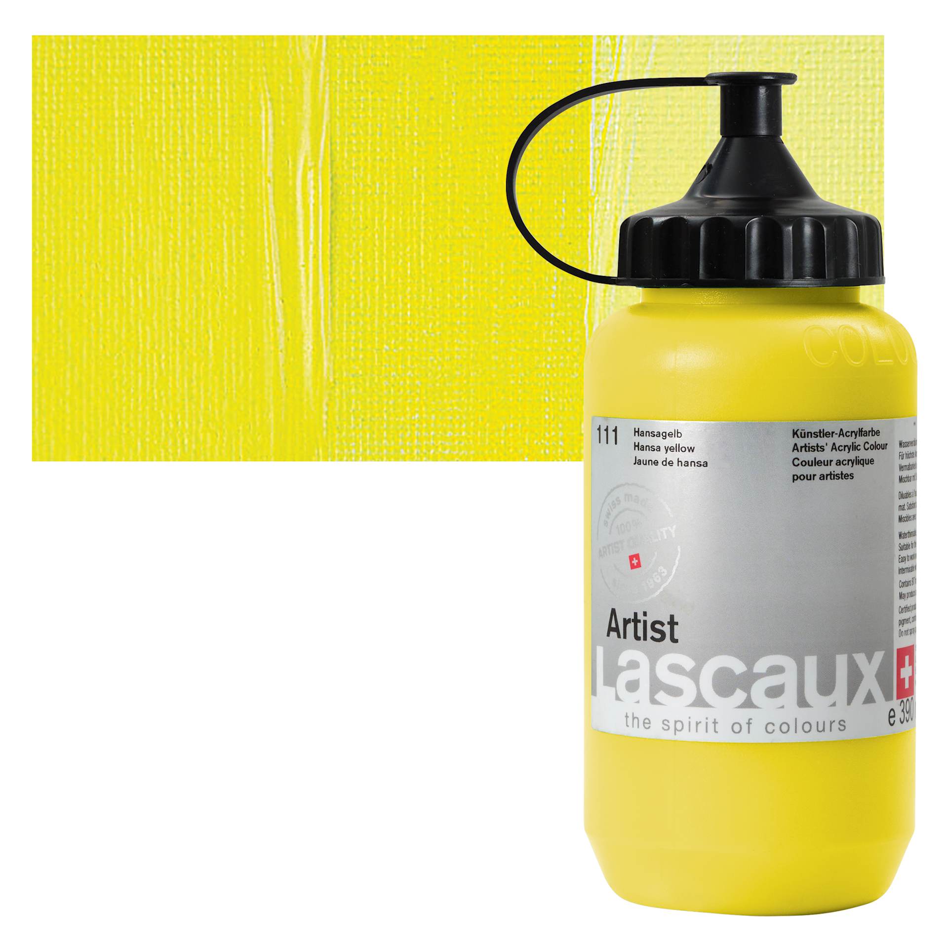 Lascaux Artist Acrylic - Hansa Yellow, 390 ml Tube and swatch