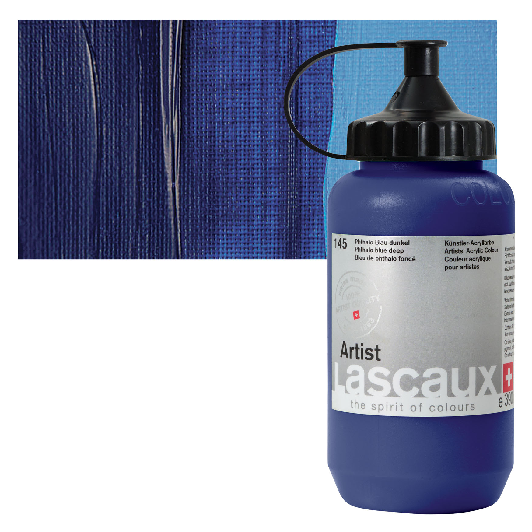 Lascaux Artist Acrylic - Phthalo Blue Deep, 390 ml Bottle and swatch