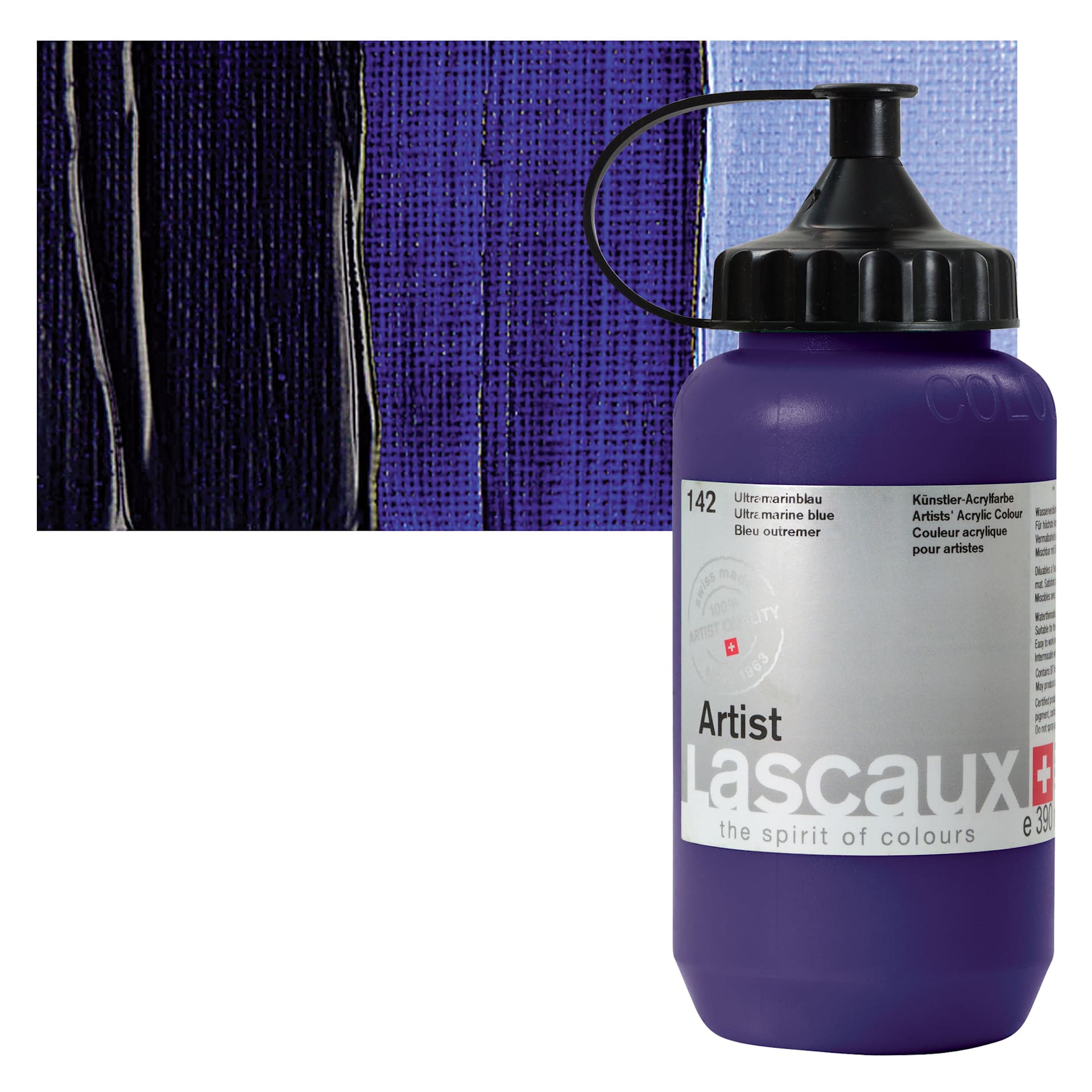 Lascaux Artist Acrylic - Ultramarine Blue, 390 ml Tube and swatch