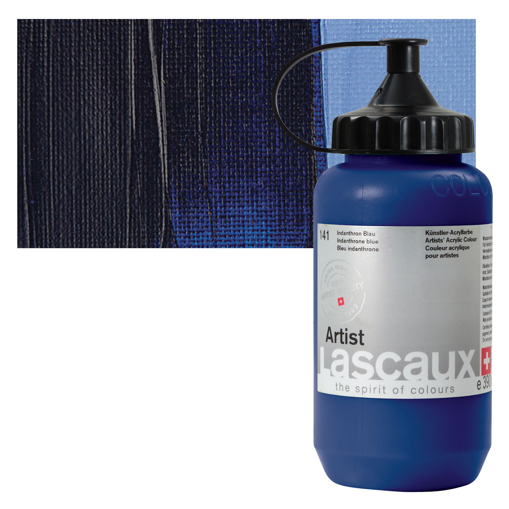 Lascaux Artist Acrylic - Indanthrone Blue, 390 ml Bottle and swatch