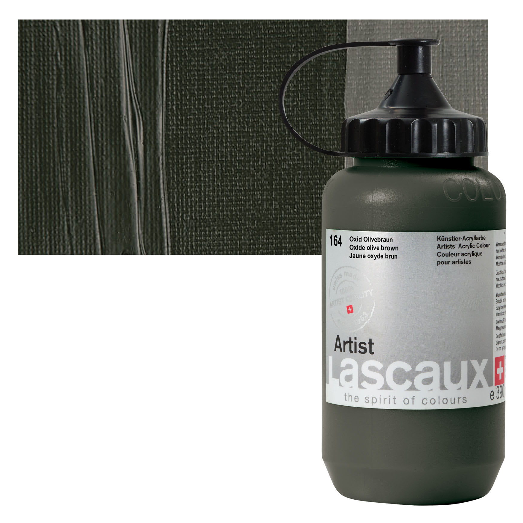 Lascaux Artist Acrylic - Oxide Olive Brown, 390 ml Bottle and swatch