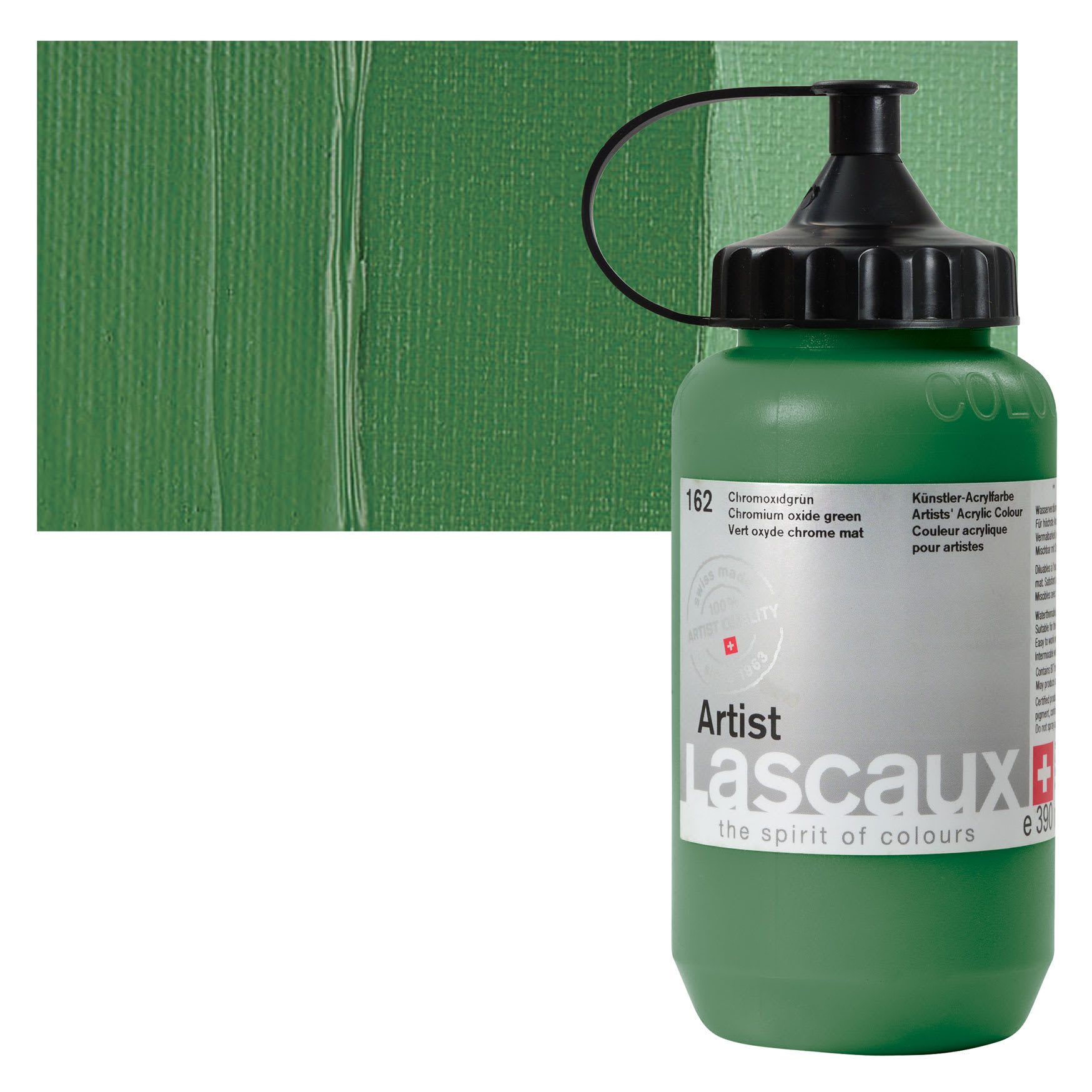 Lascaux Artist Acrylic - Chrome Oxide Green, 390 ml Bottle and swatch