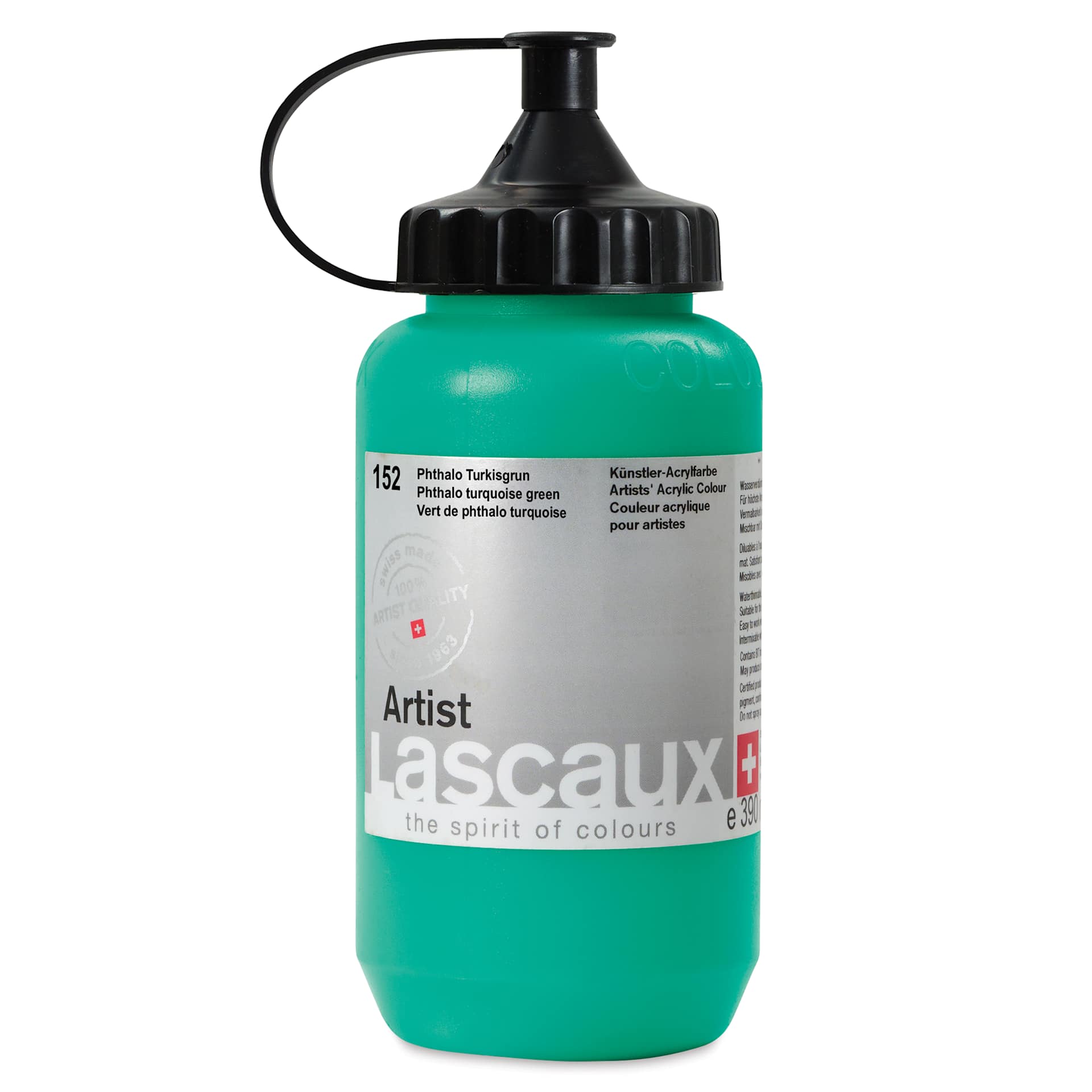 Lascaux Artist Acrylic Paints - 390 ml Phthalo Turquoise Green bottle shown
