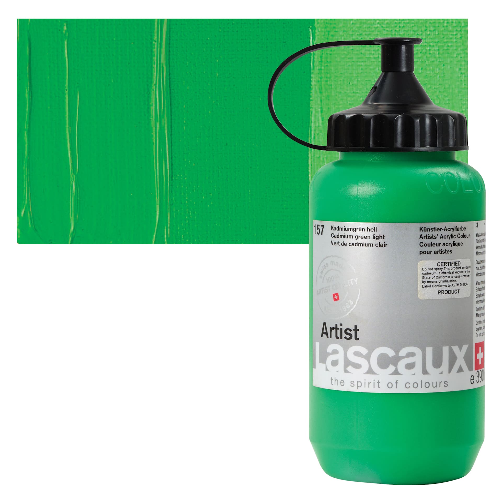 Lascaux Artist Acrylic - Cadmium Green Light, 390 ml Tube and swatch