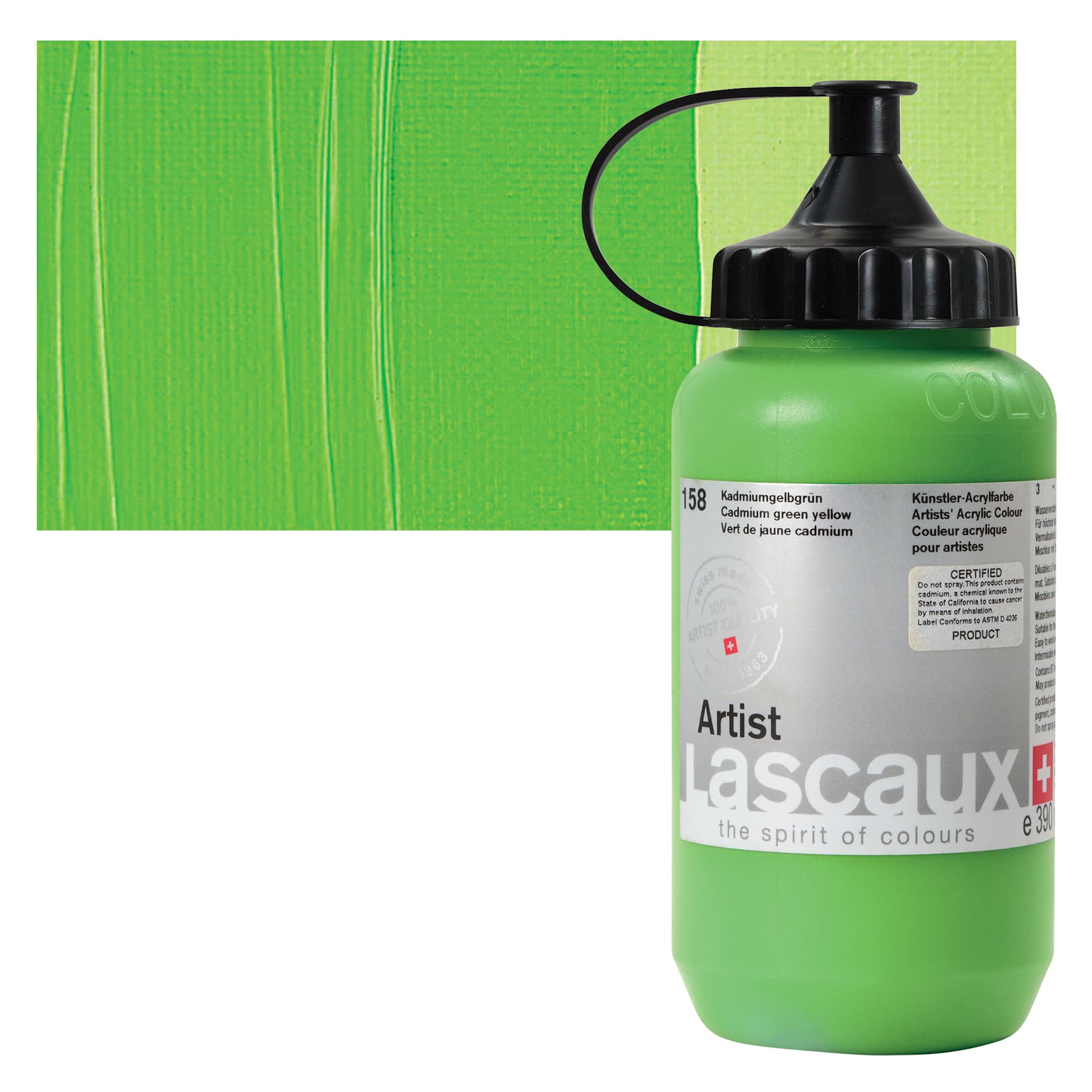 Lascaux Artist Acrylic - Cadmium Green Yellow, 390 ml Bottle and swatch
