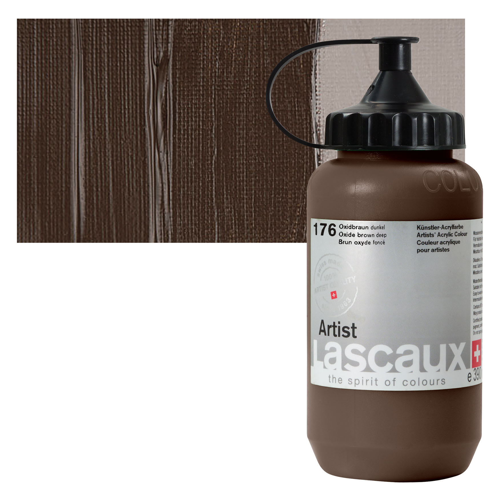 Lascaux Artist Acrylic - Oxide Brown Dark, 390 ml Bottle and swatch