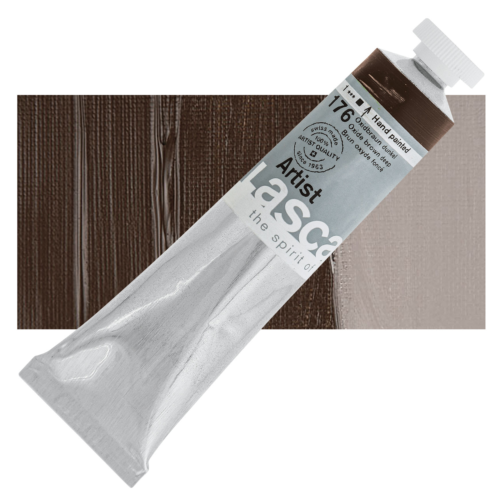 Lascaux Artist Acrylic - Oxide Brown Deep, 45 ml tube and swatch