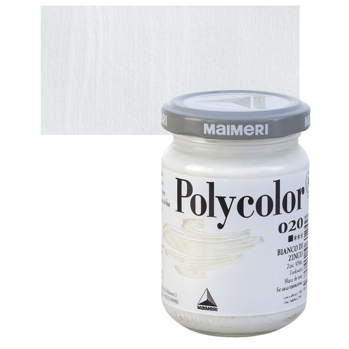 Maimeri Polycolor Vinyl Paint - Zinc White, 140 ml, Jar and swatch