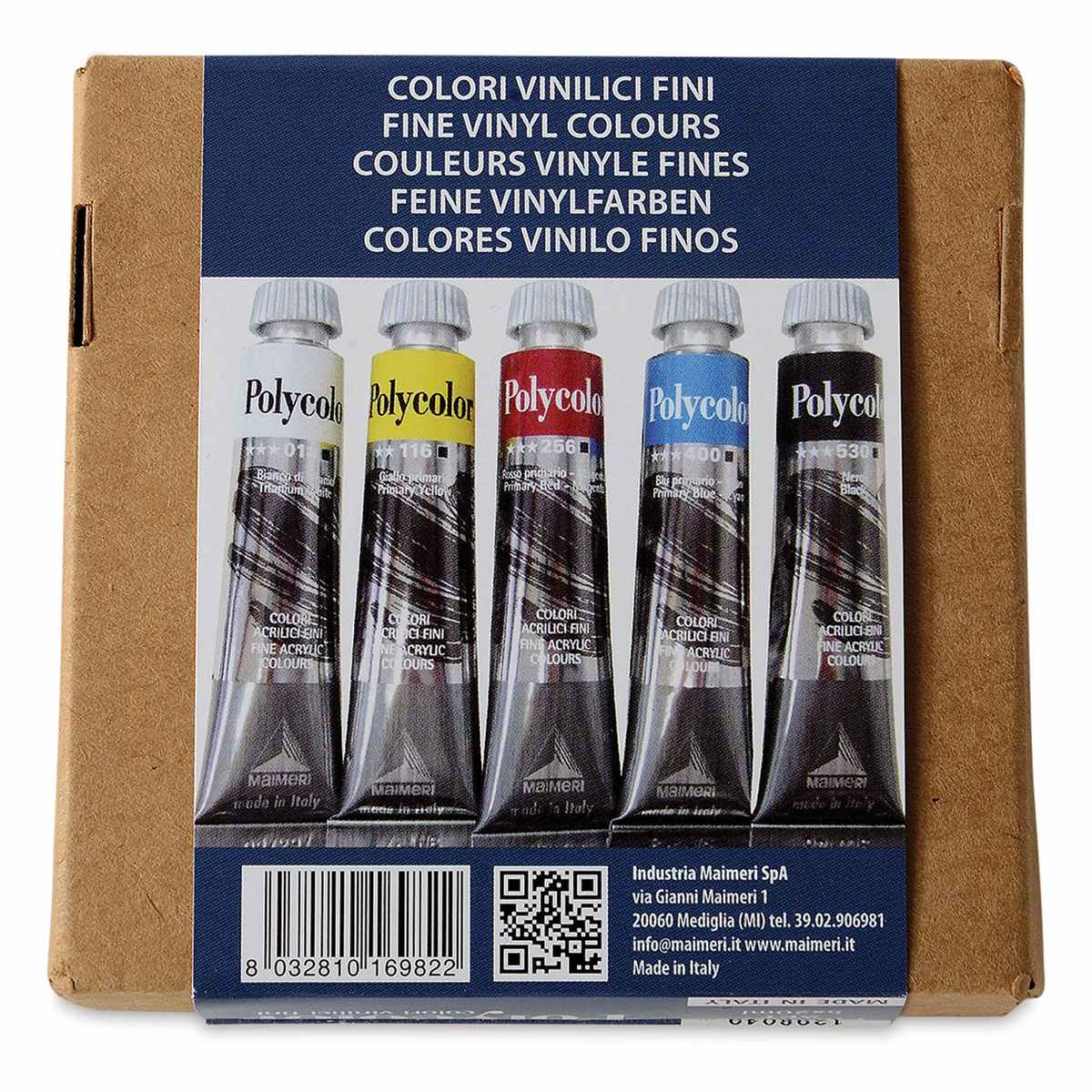 Maimeri Polycolor Vinyl Paint - Back of package of 5 Primary Colors