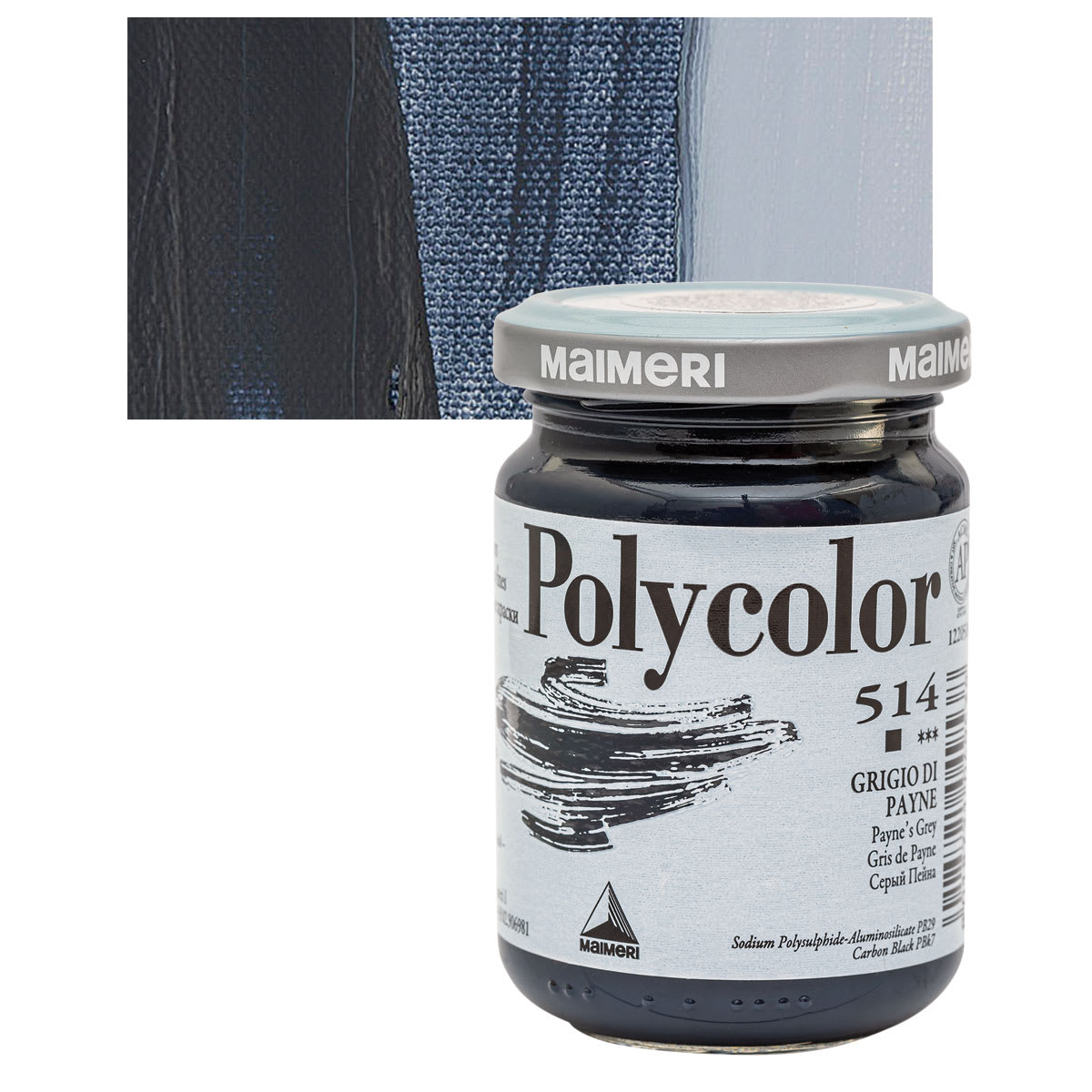 Maimeri Polycolor Vinyl Paint - Payne's Gray, 140 ml Jar and swatch