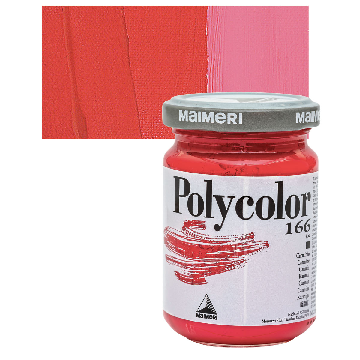Maimeri Polycolor Vinyl Paint - Carmine, 140 ml Jar and swatch