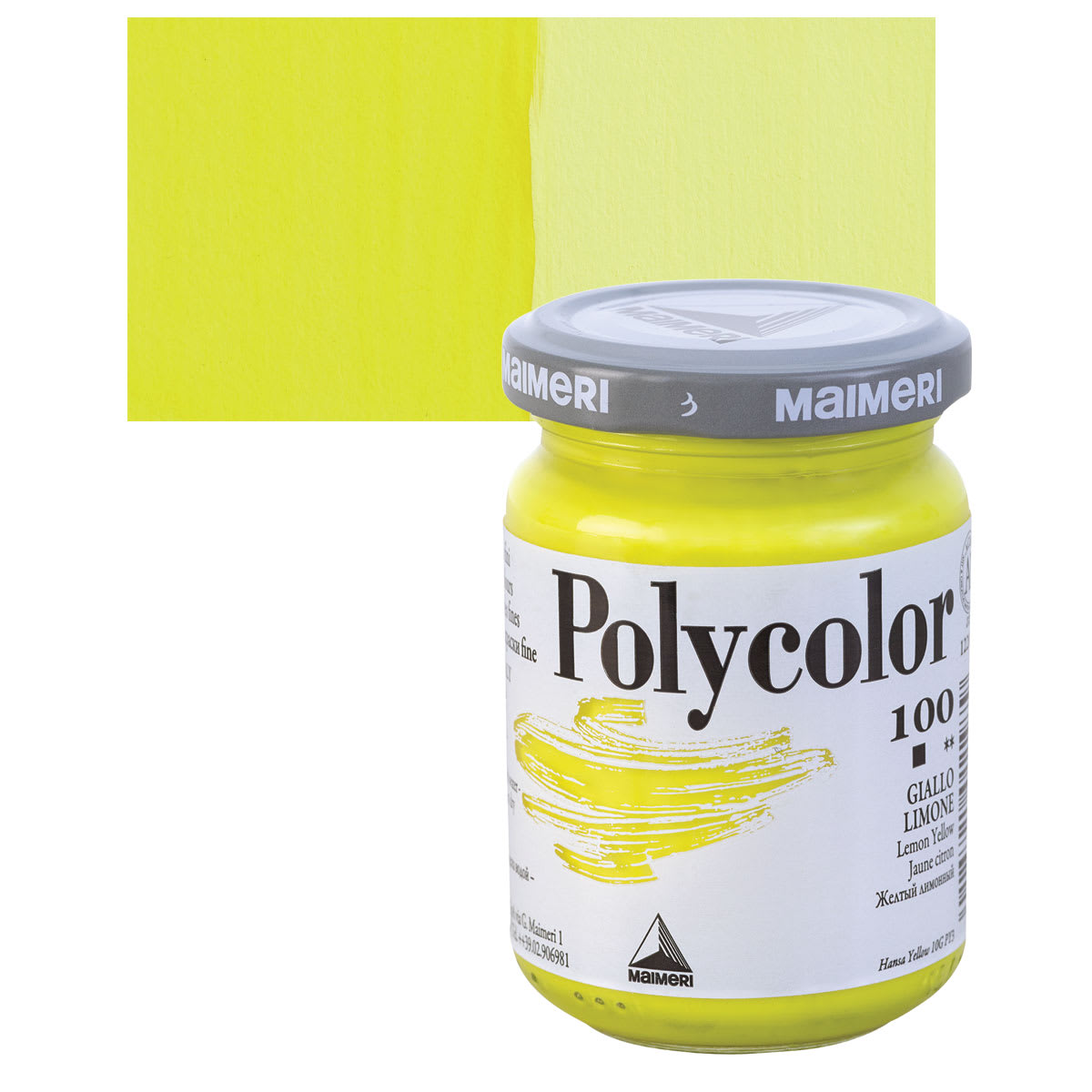 Maimeri Polycolor Vinyl Paint - Lemon Yellow, 140 ml Jar and swatch