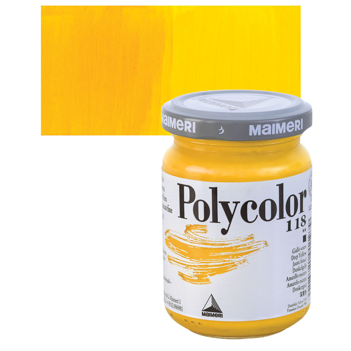 Maimeri Polycolor Vinyl Paint - Deep Yellow, 140 ml Jar and swatch