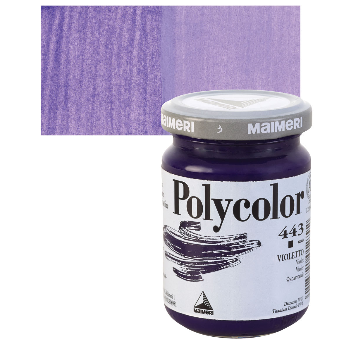 Maimeri Polycolor Vinyl Paint - Violet, 140 ml Jar and swatch