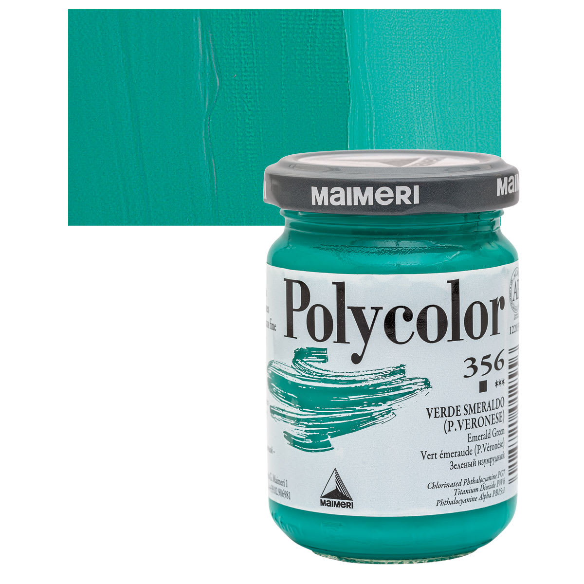 Maimeri Polycolor Vinyl Paint - Emerald Green, 140 ml jar and swatch