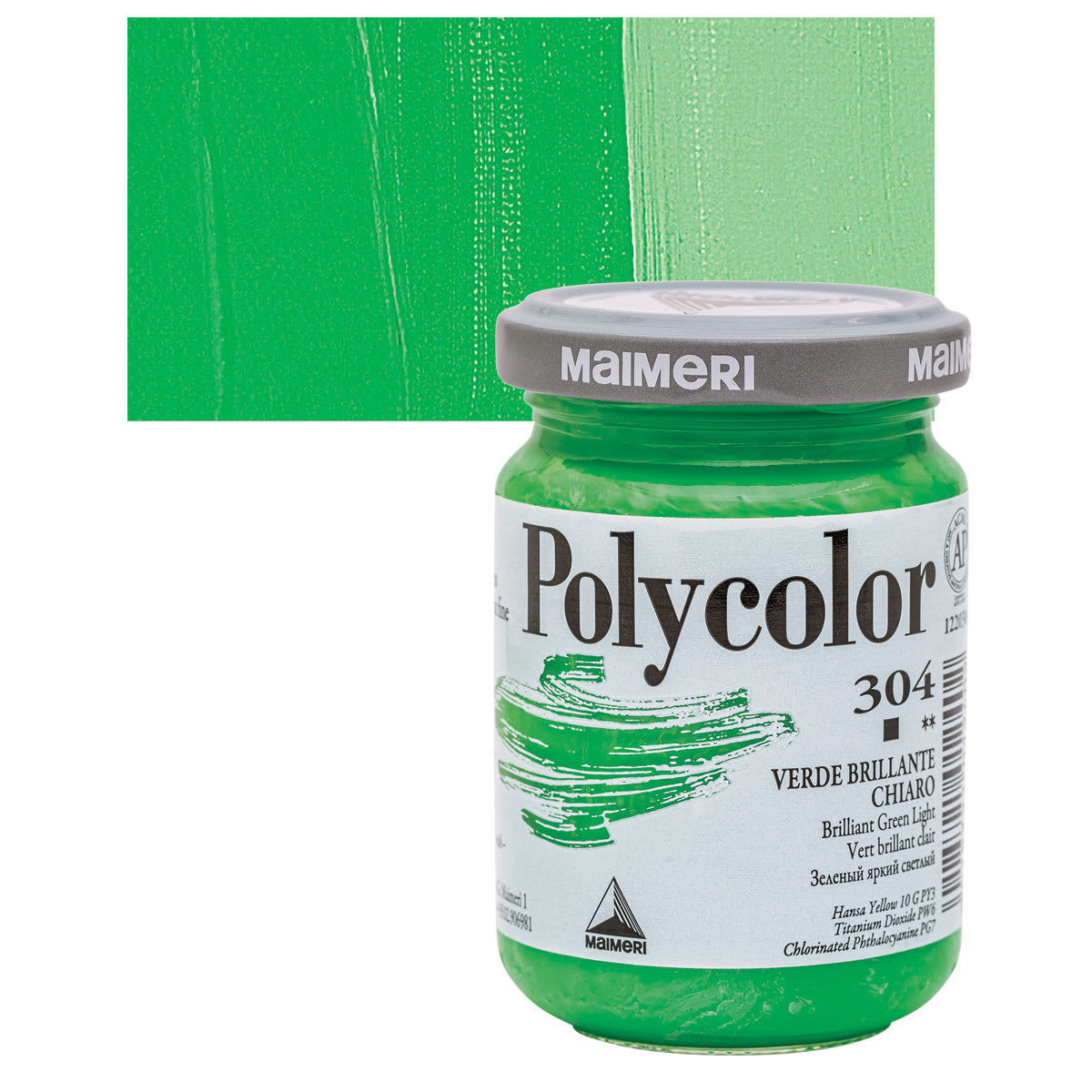 Maimeri Polycolor Vinyl Paint - Brilliant Green Light, 140 ml jar and swatch
