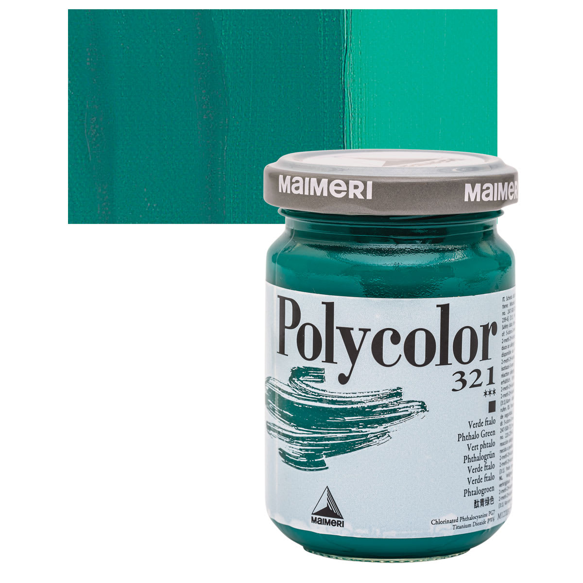 Maimeri Polycolor Vinyl Paint - Phthalo Green, 140 ml jar and swatch