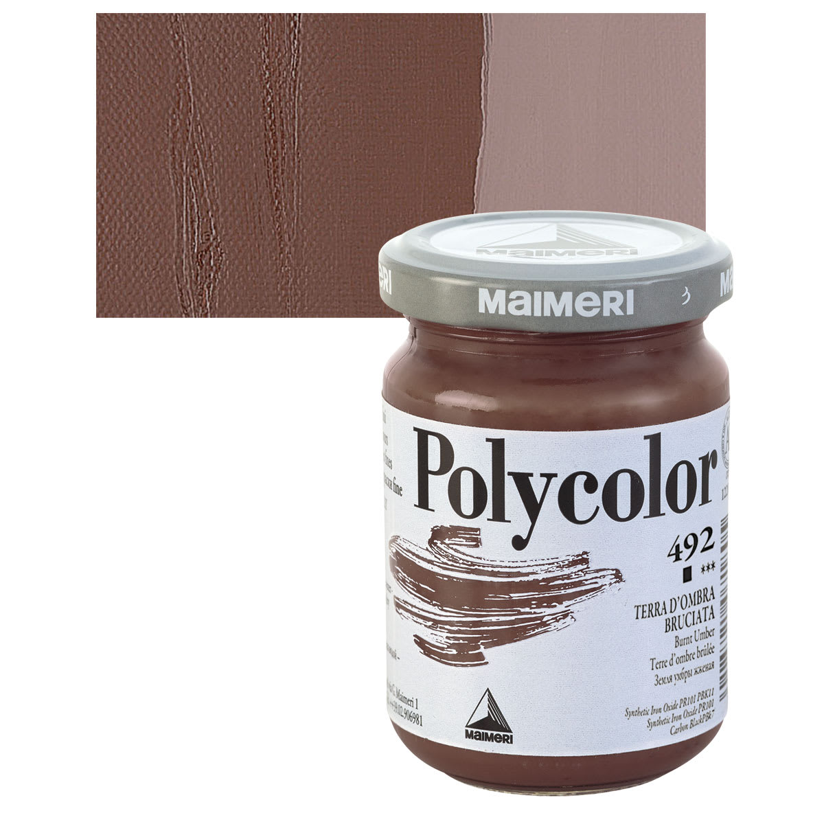 Maimeri Polycolor Vinyl Paint - Burnt Umber, 140 ml jar and swatch