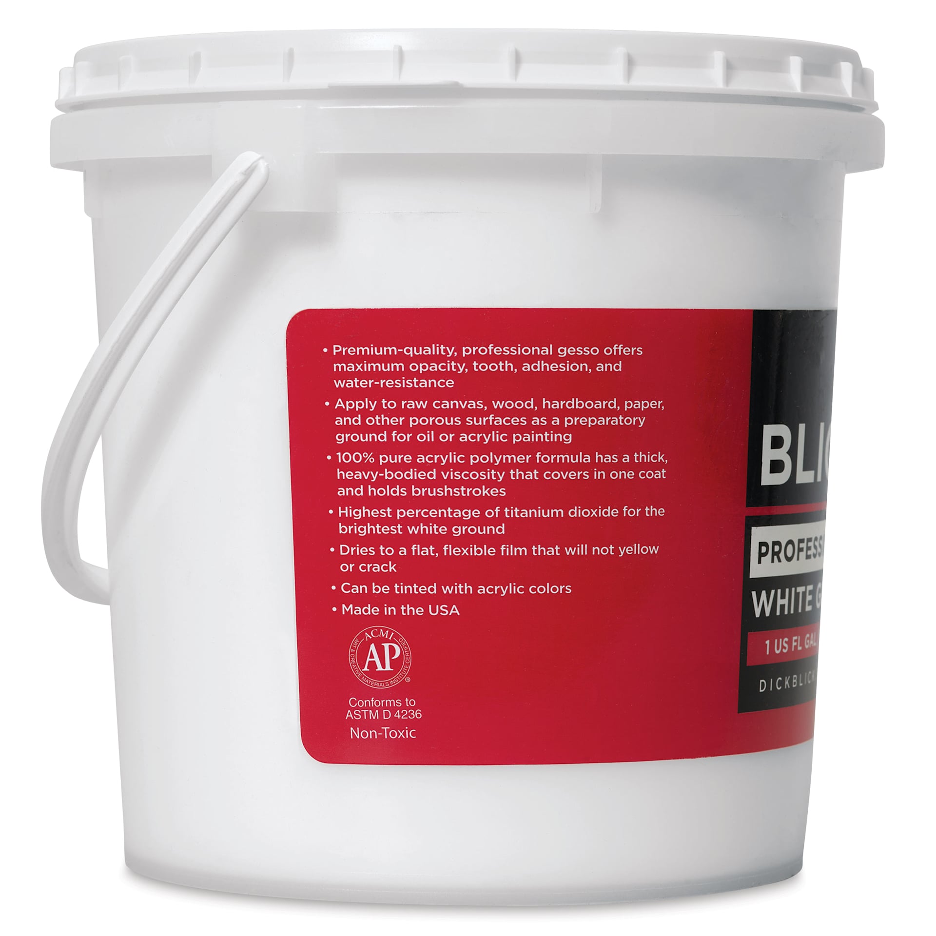 Blick Artists Acrylic Gesso - Professional White, Gallon tub, side view with product information