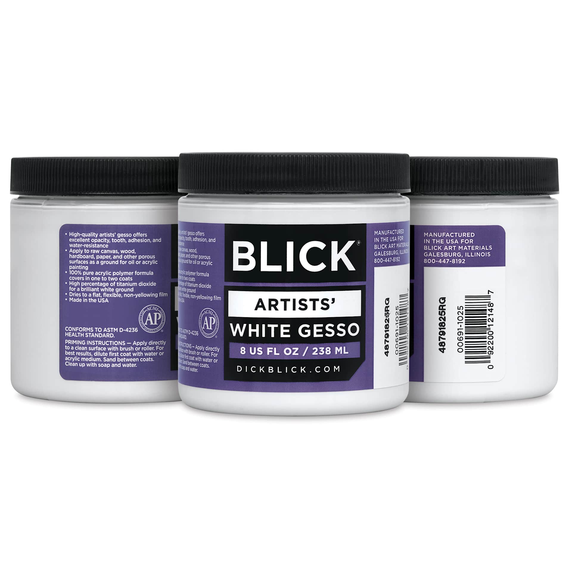 Blick Artists Acrylic Gesso - White, 8 oz jar, front and sides of label