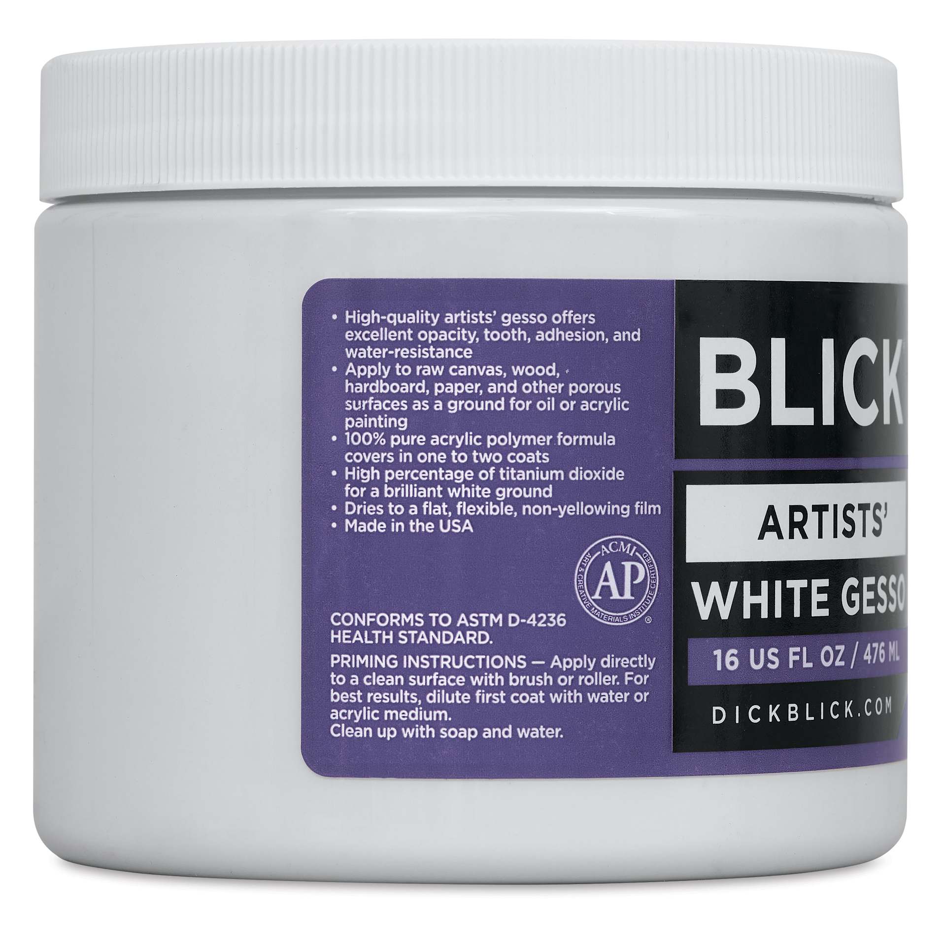 Blick Artists Acrylic Gesso - White, 16 oz jar, side label product information