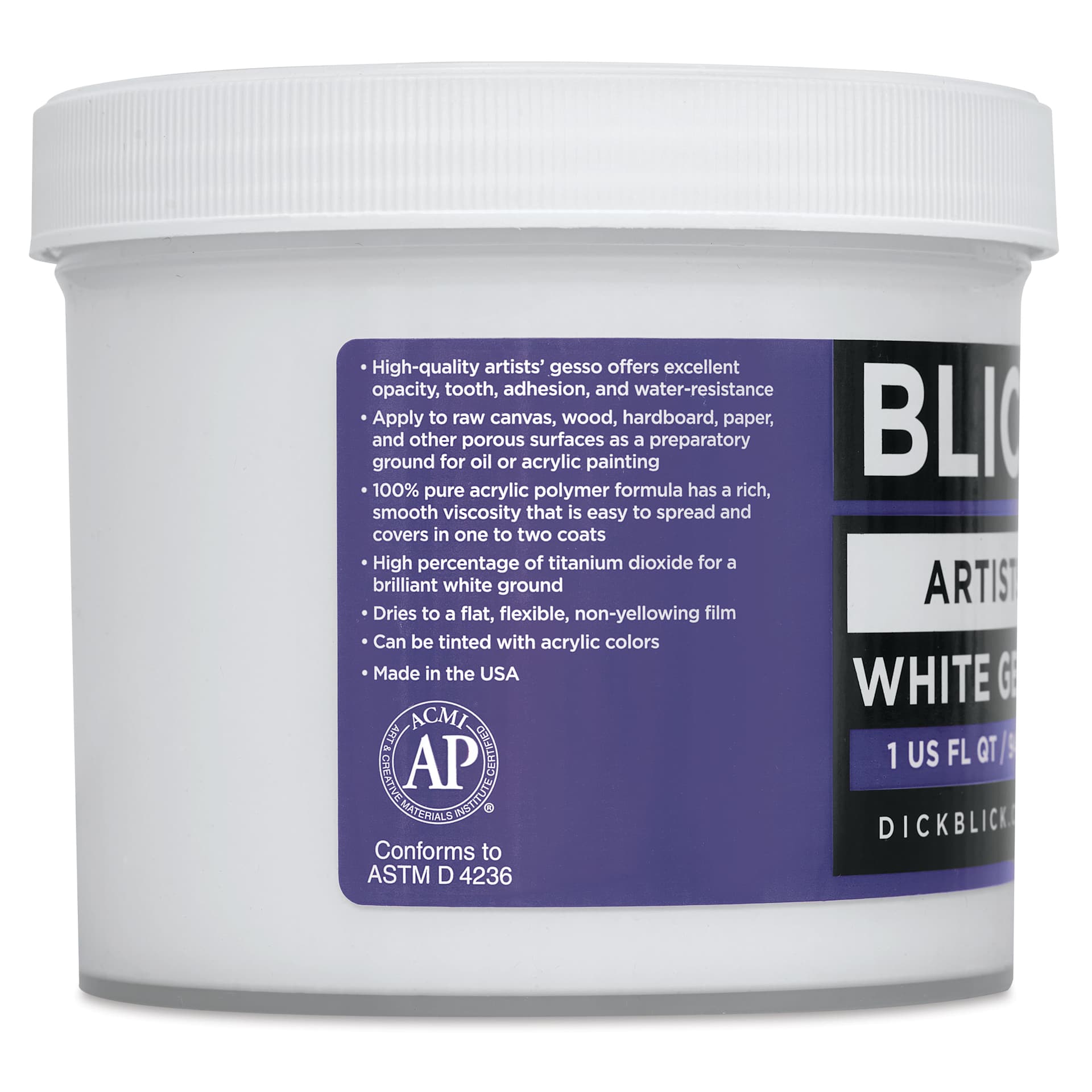 Blick Artists Acrylic Gesso - White, Quart Jar, side label product information