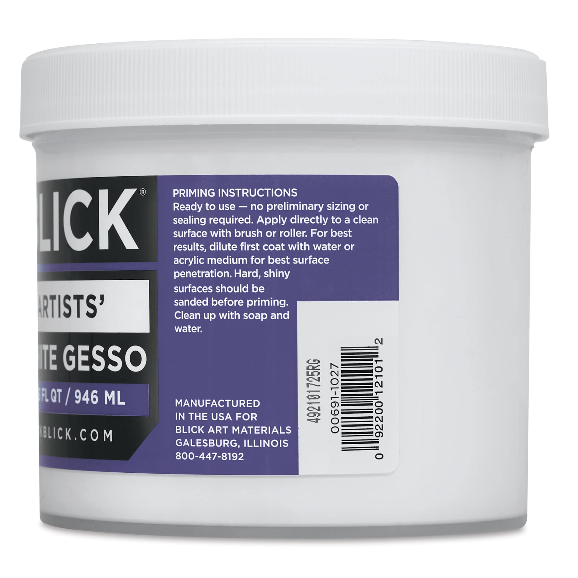 Blick Artists Acrylic Gesso - White, Quart Jar, side label instructions