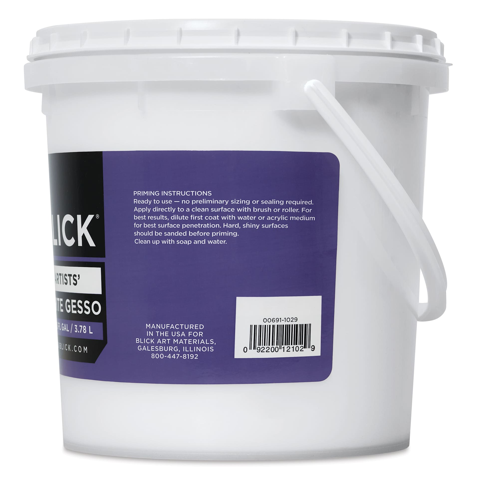 Blick Artists Acrylic Gesso - White, Gallon tub, side view label information