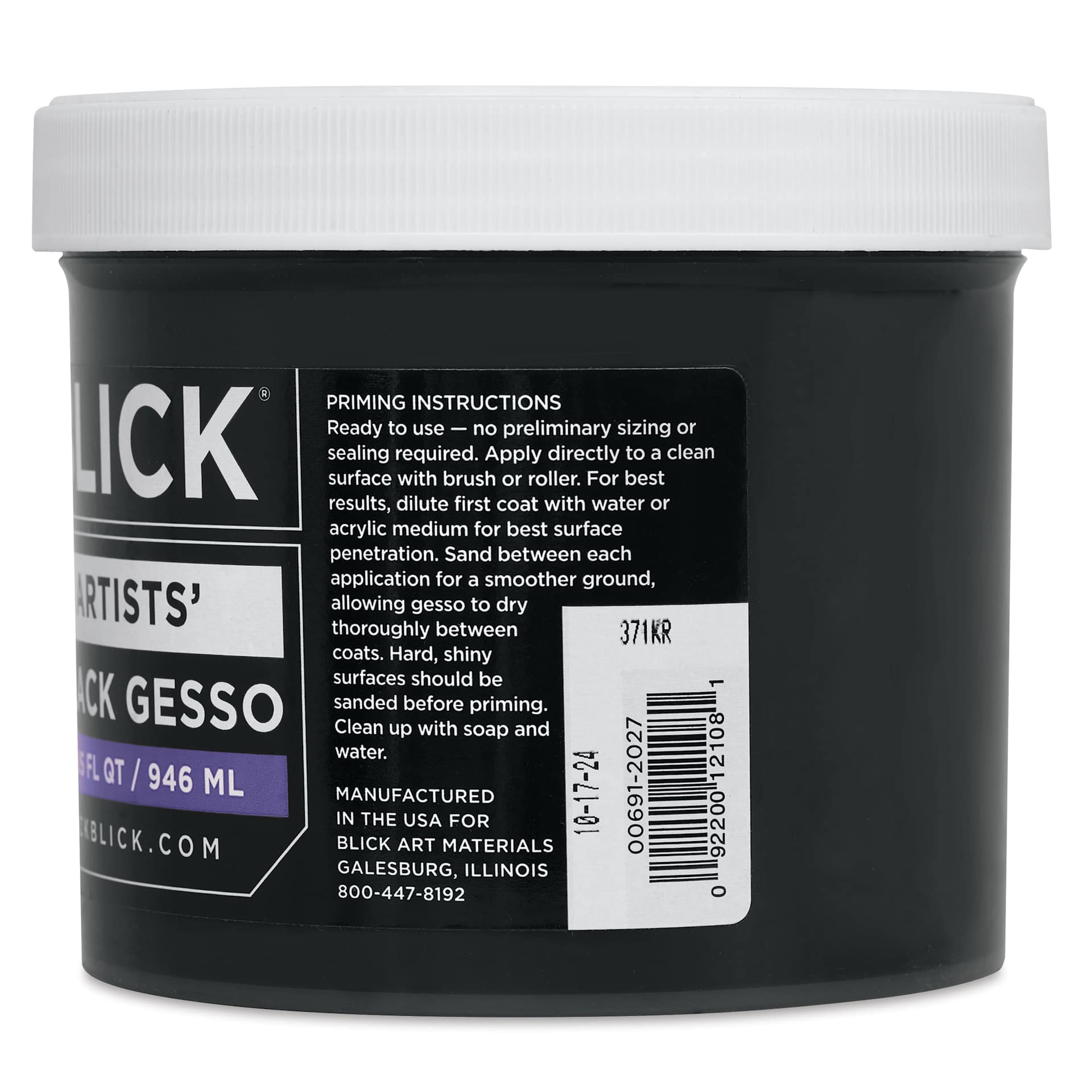 Blick Artists Acrylic Gesso - Black, Quart jar, side label priming instructions