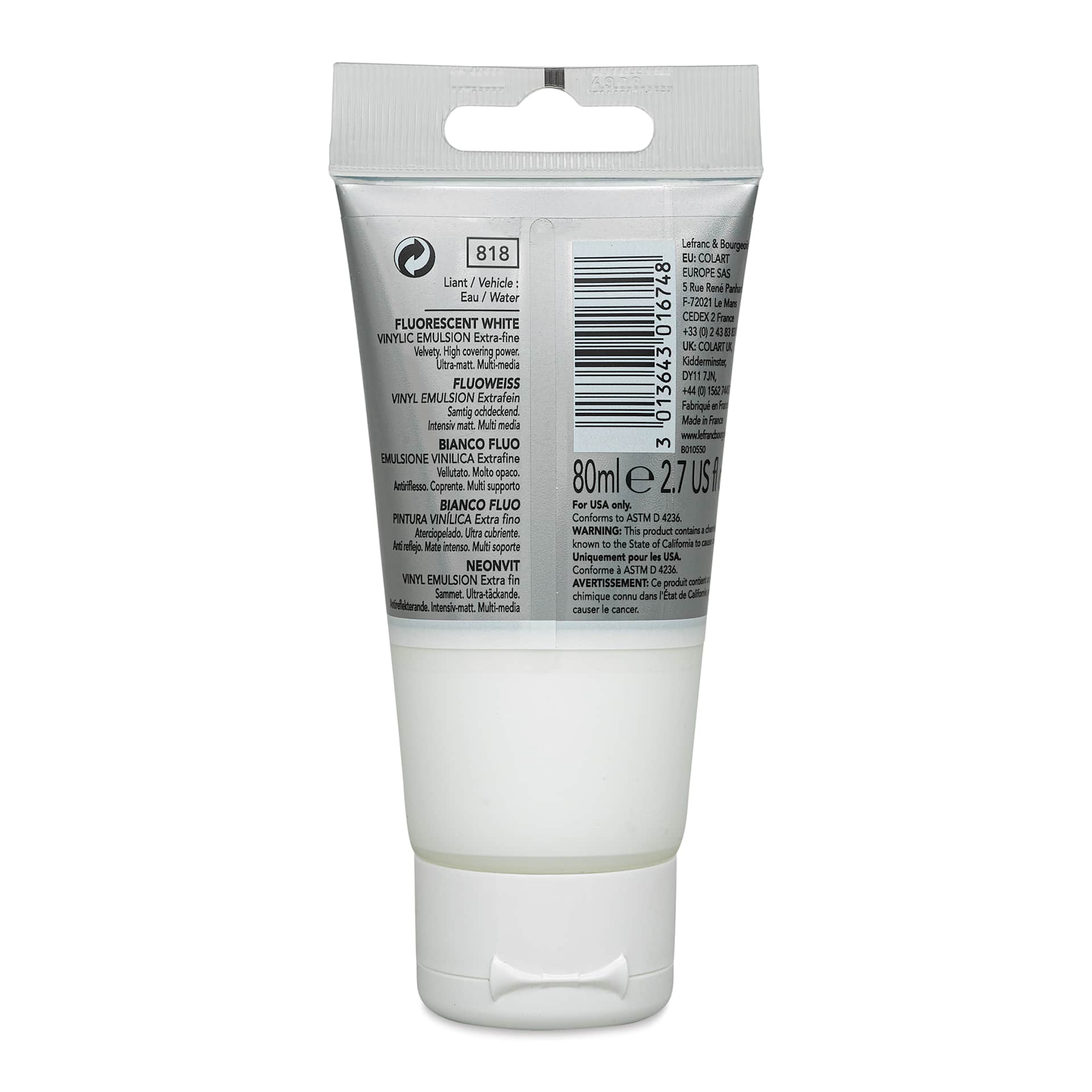 Lefranc & Bourgeois Flashe Vinyl Paint - Fluorescent White, 80 ml tube (back of tube)