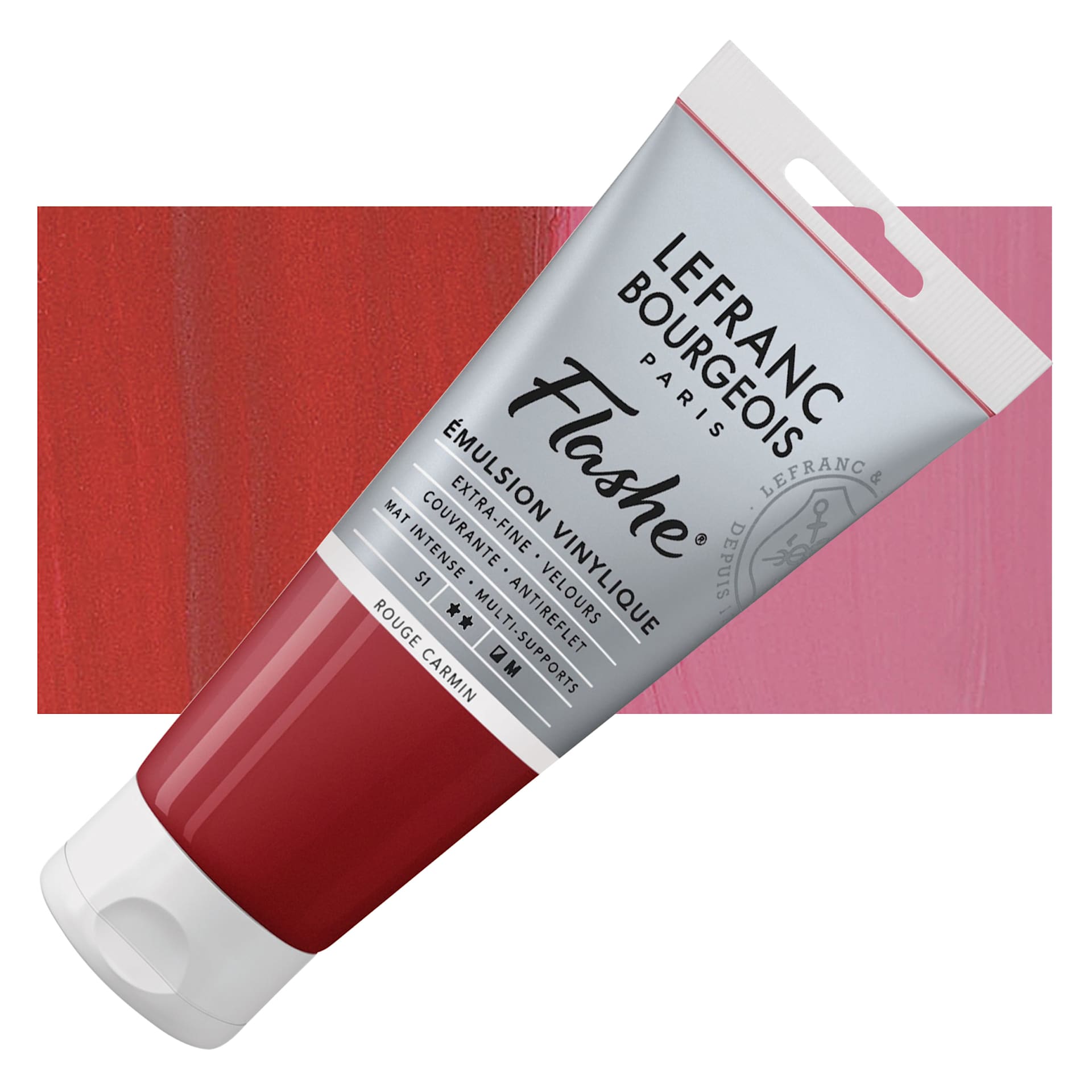 Lefranc & Bourgeois Flashe Vinyl Paint - Carmine Red, 80 ml tube and swatch
